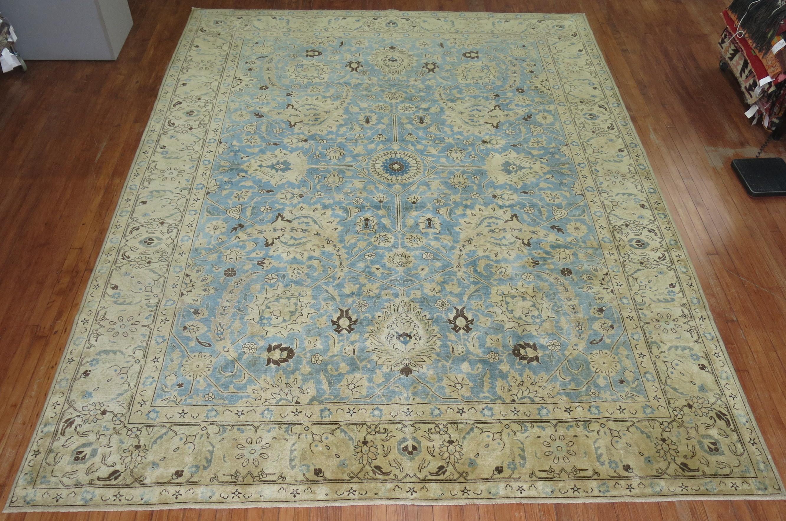 Zabihi Collection Blue Gold Persian Antique Tabriz Rug For Sale 2