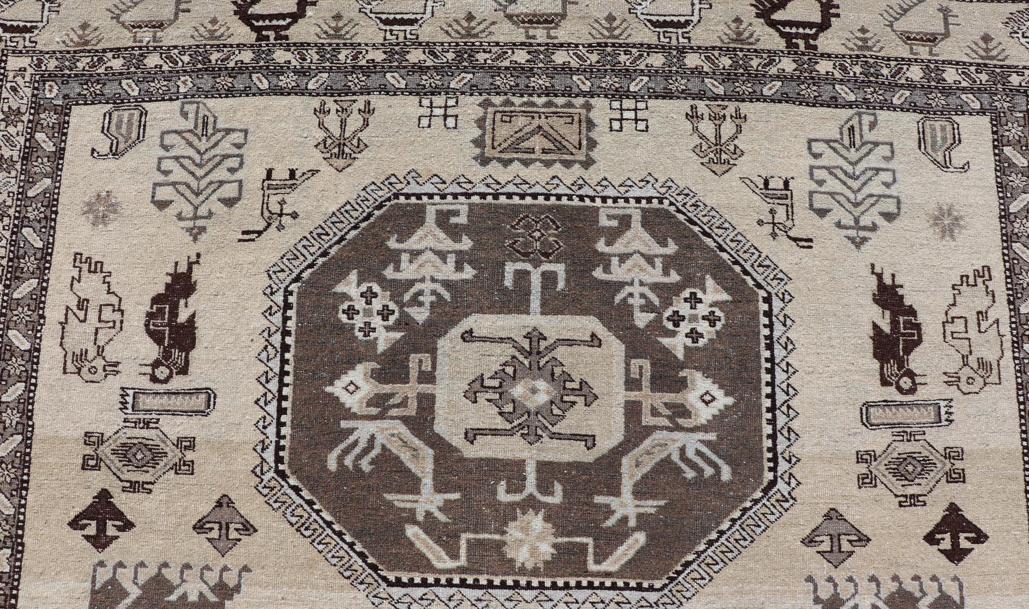Wool Persian Ardebil Carpet with three Octagon Medallions & Stylized Tribal Motifs For Sale