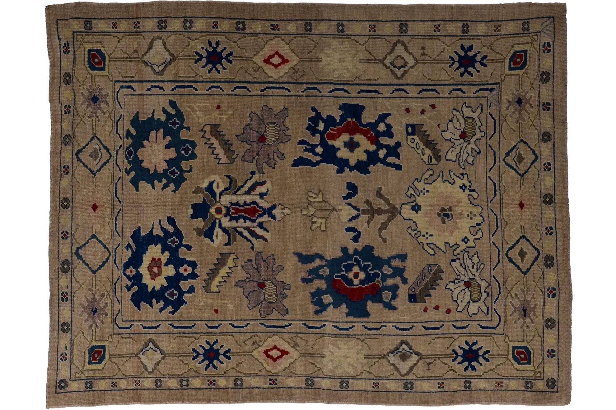 Hand-Woven Persian Area Rug - Oushak Design - Ivory Blue Red For Sale