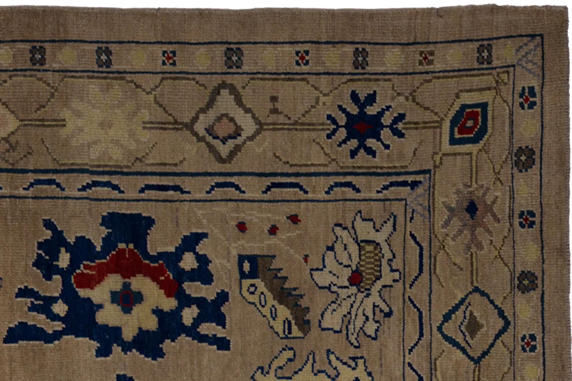 Wool Persian Area Rug - Oushak Design - Ivory Blue Red For Sale