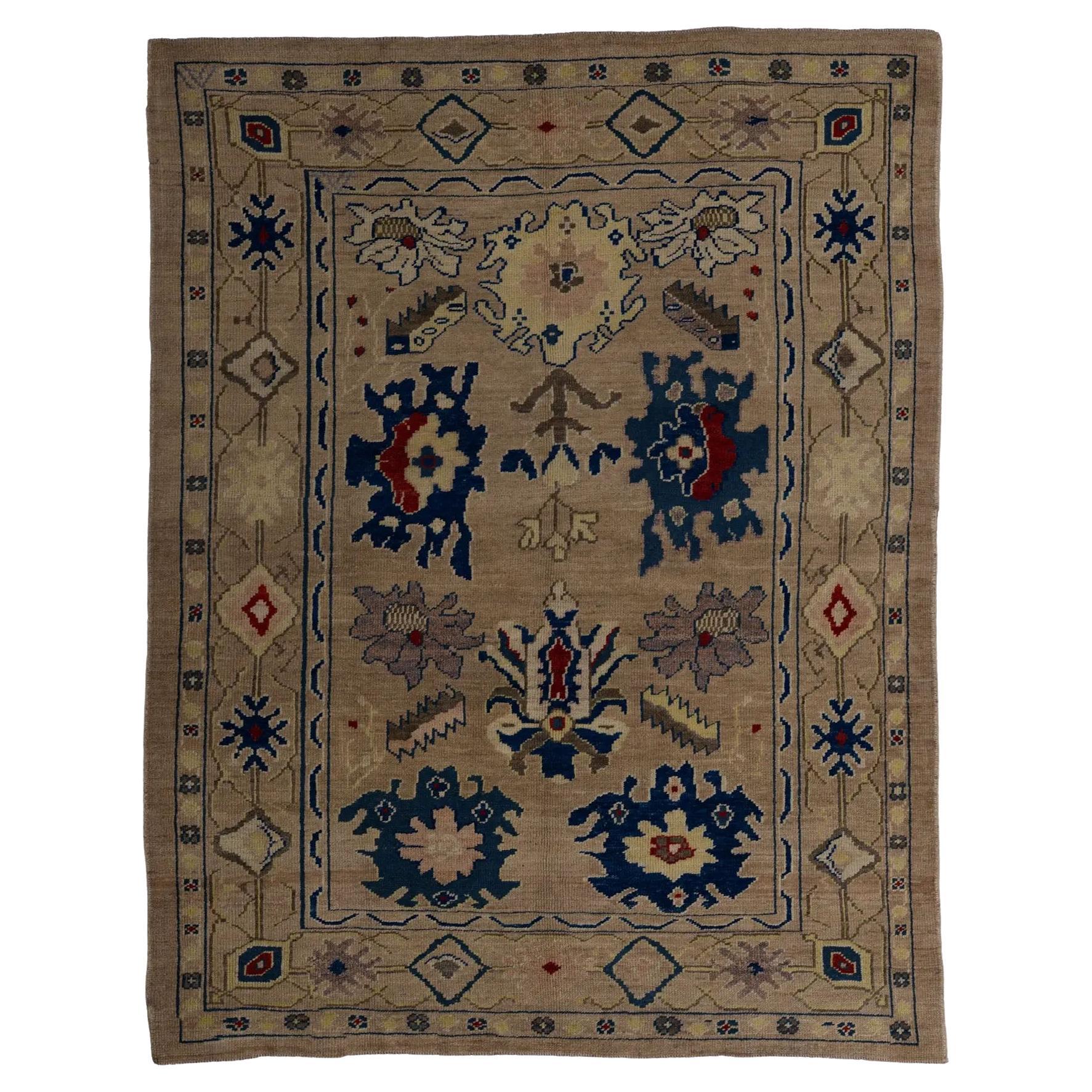 Persian Area Rug - Oushak Design - Ivory Blue Red For Sale
