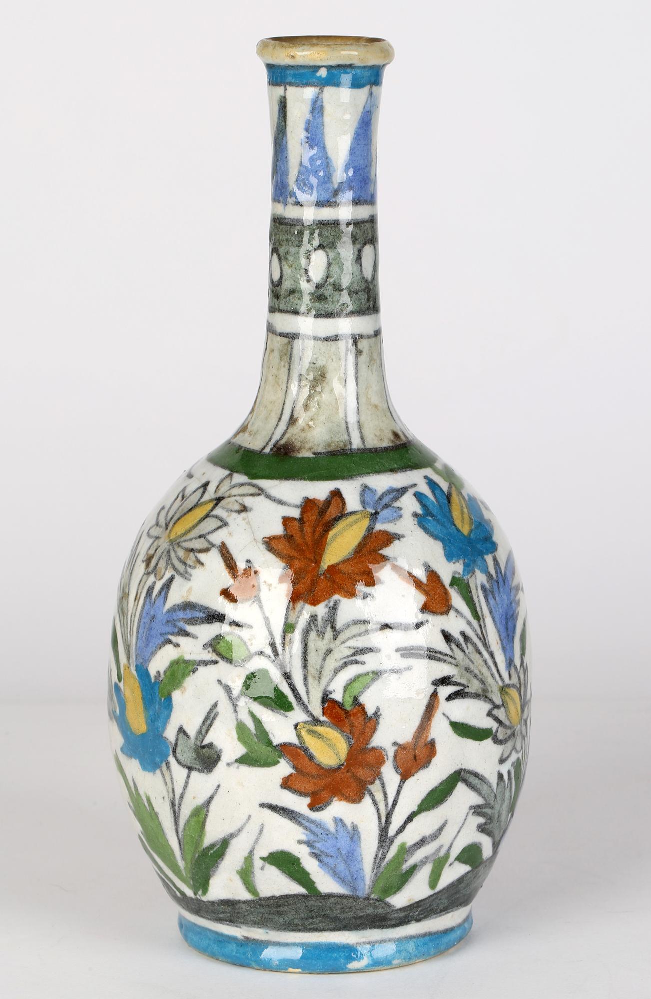 Persian Art Pottery Bottle Shape Vase Hand-Painted with Floral Designs 4