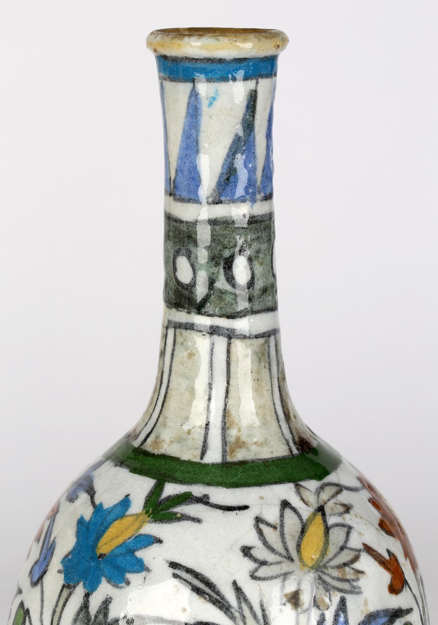 Persian Art Pottery Bottle Shape Vase Hand-Painted with Floral Designs 5