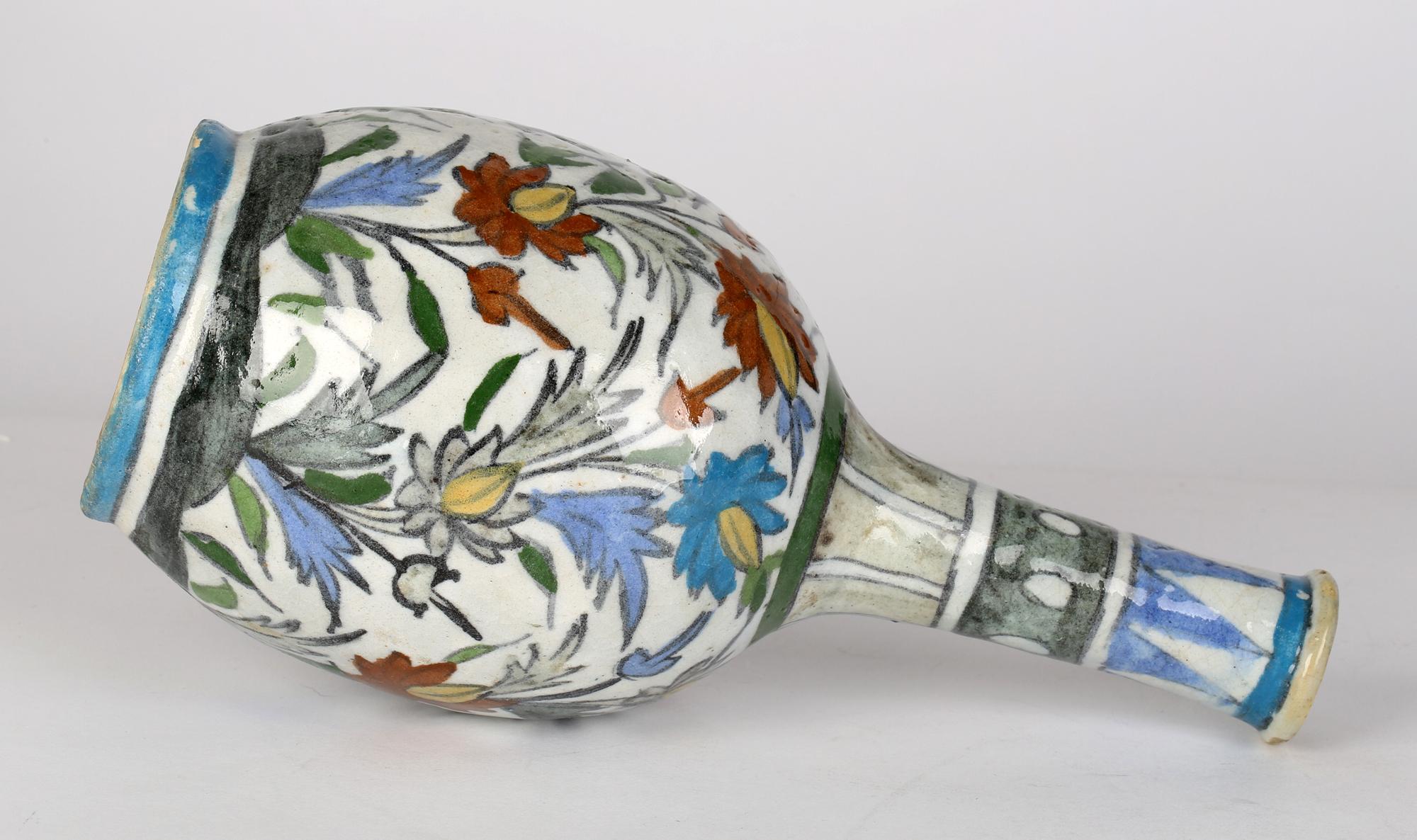 19th Century Persian Art Pottery Bottle Shape Vase Hand-Painted with Floral Designs