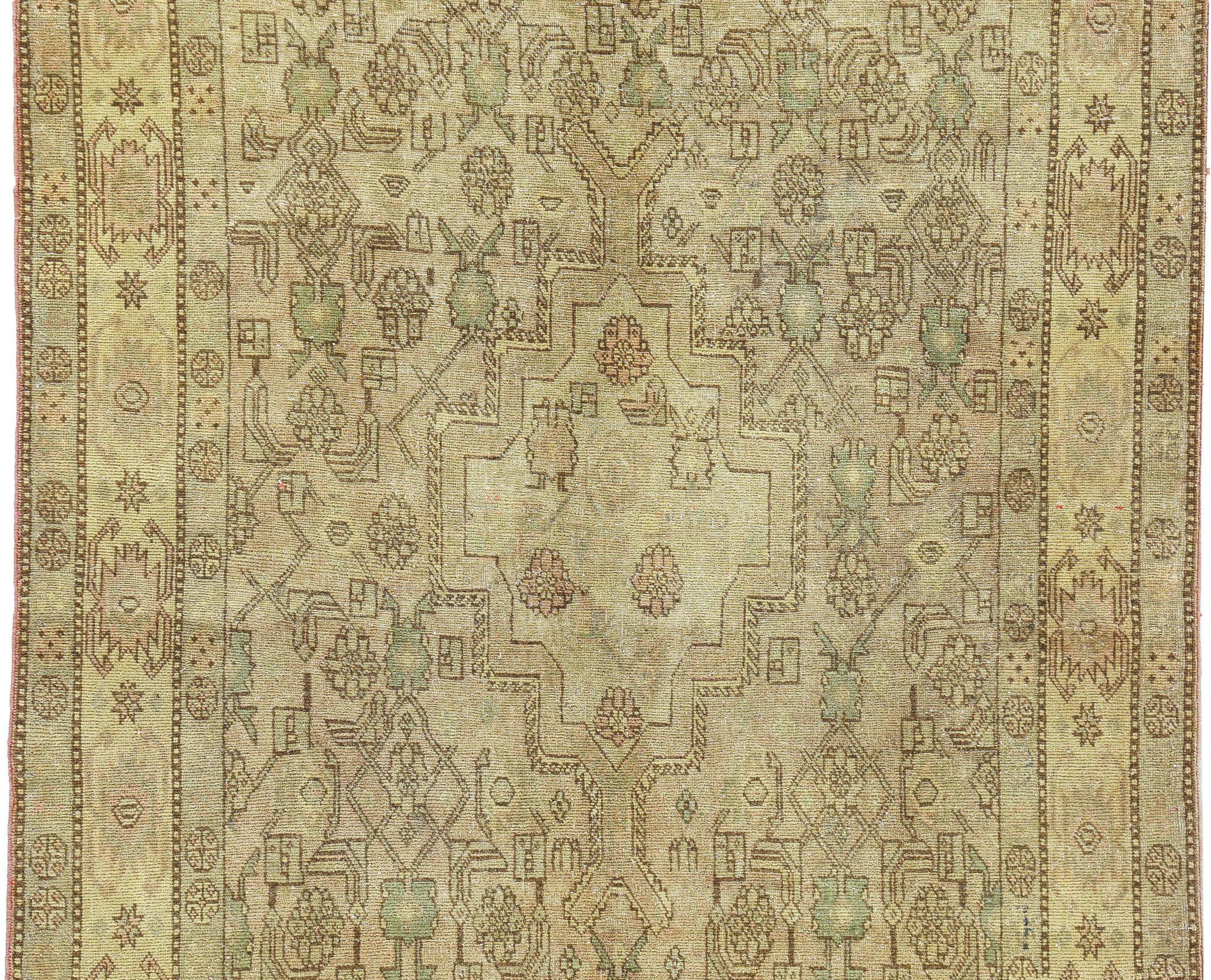 Asiatique Tapis persans d'Azerbaïdjan - Design en laine vert ivoire jaune - 91201 en vente
