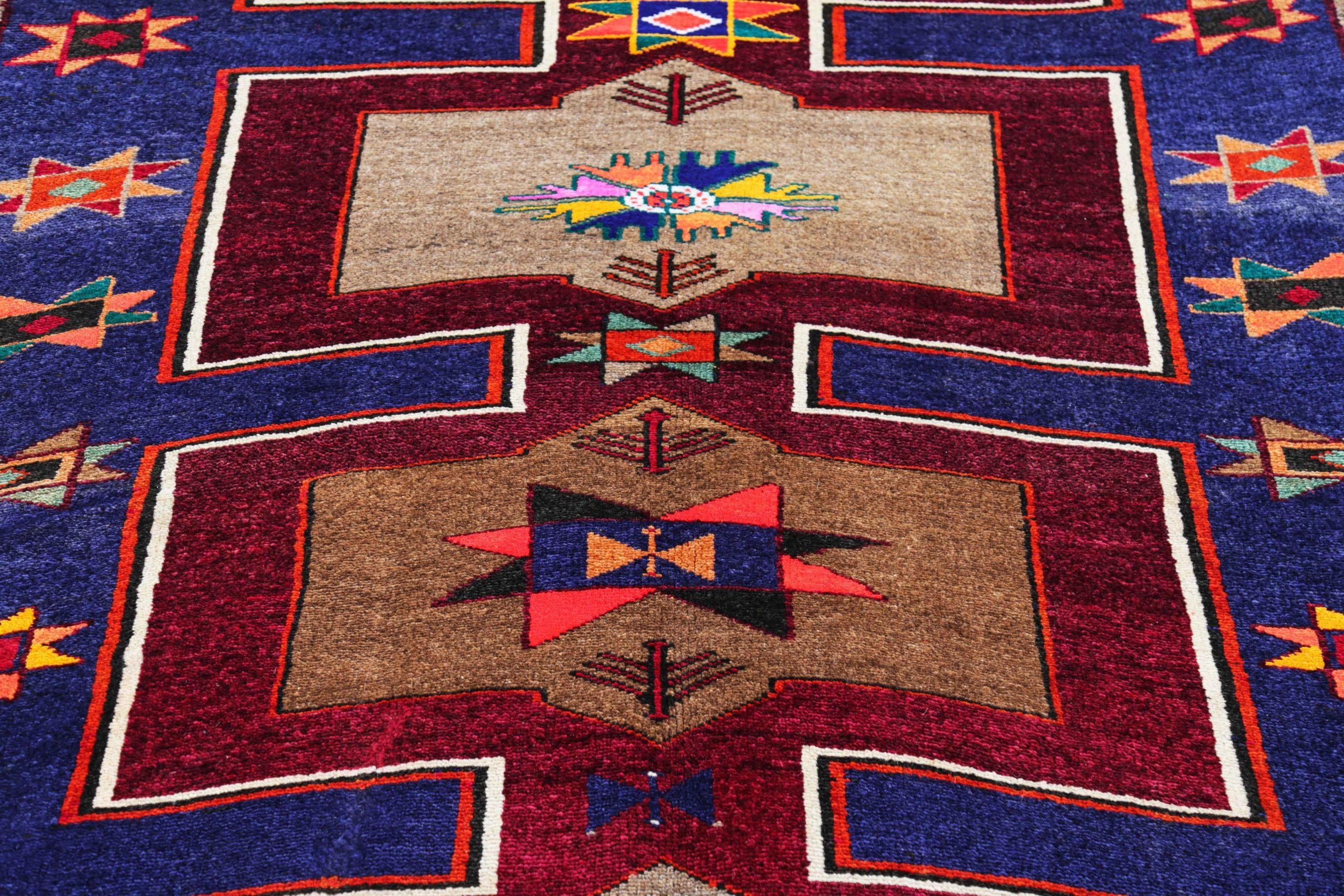Alfombras Persas Azerbaiyán Circa 1910 - Lana Azul Marrón Marfil Amarillo - 91206 en Excelente estado para la venta en Dallas, TX