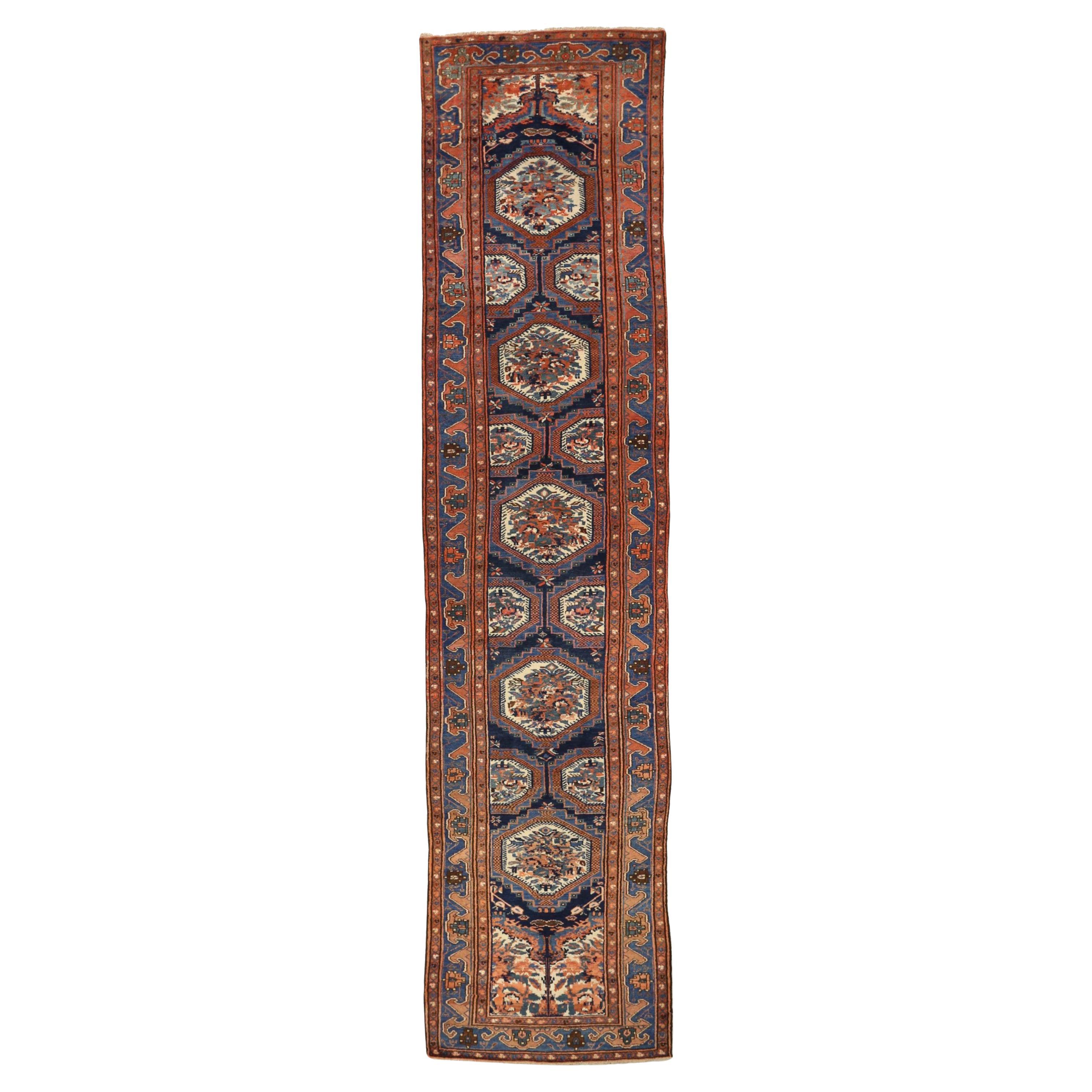 Tapis de couloir persan azerbaïdjan bleu ivoire rouge motif - 75360