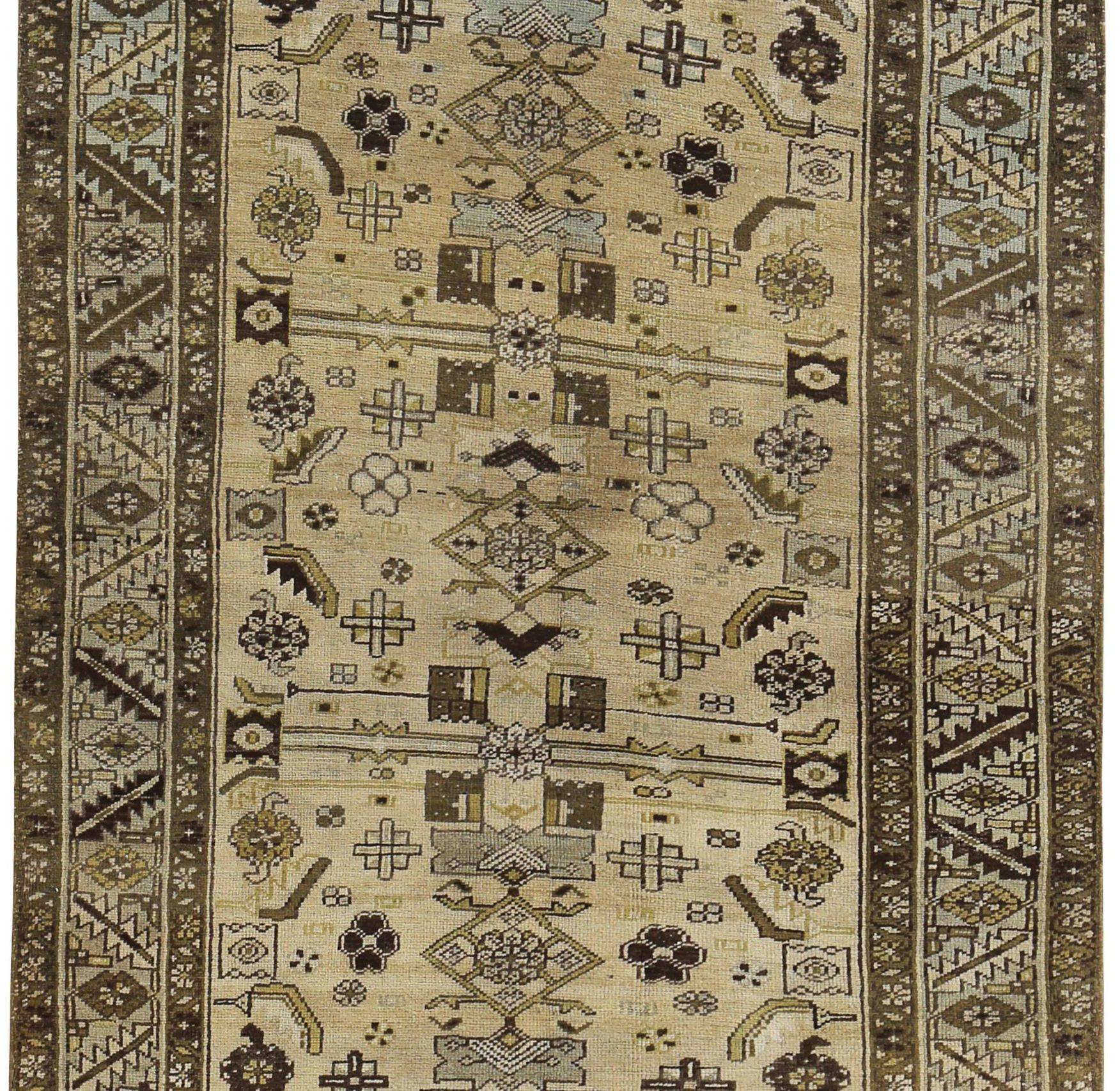 Persischer Aserbaidschan Läufer Teppich - Wolle Braun Grün Elfenbein Design - 89641 (Asiatisch) im Angebot