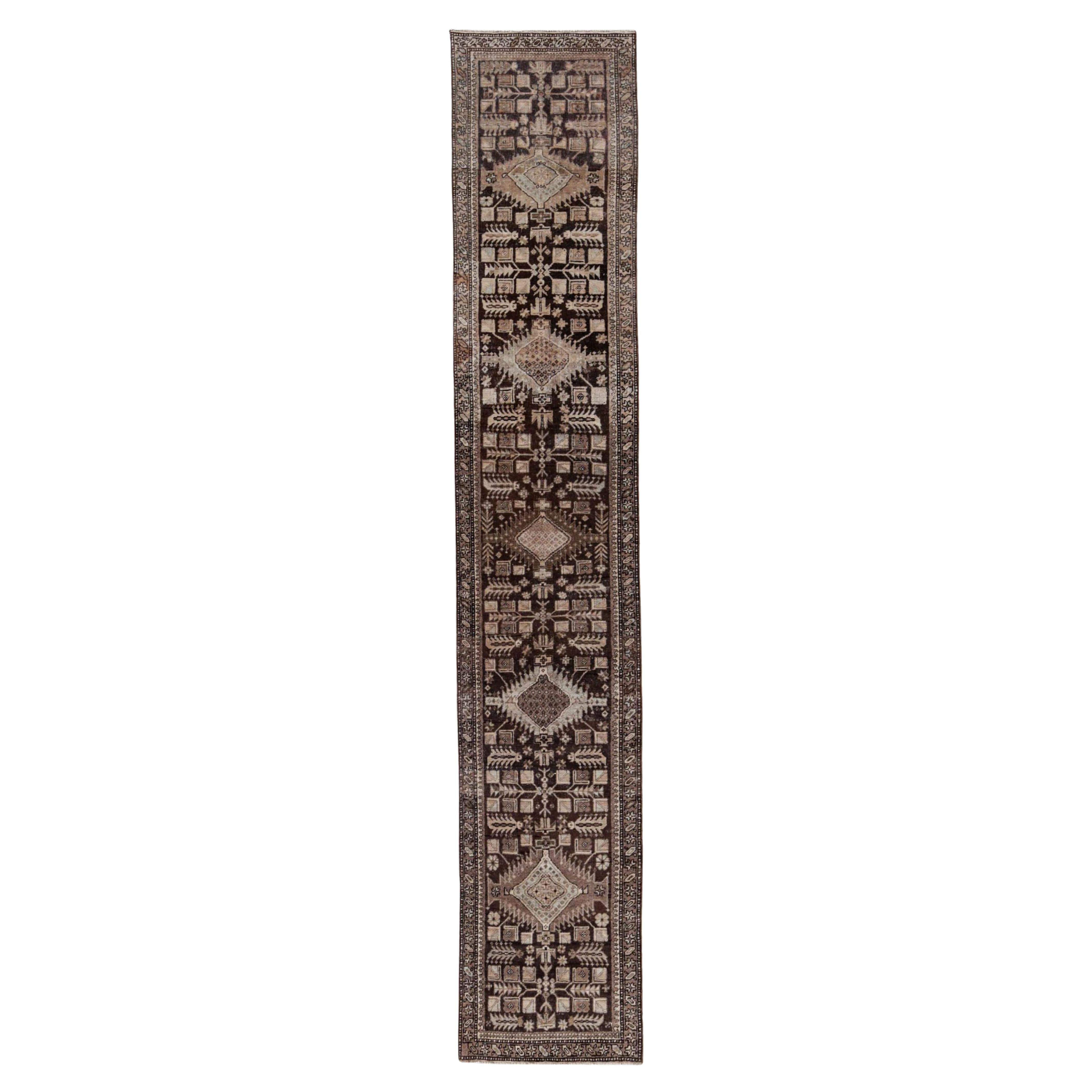 Persischer Aserbaidschan Läufer Teppich - Wolle Braun Elfenbein Design - 91388 im Angebot