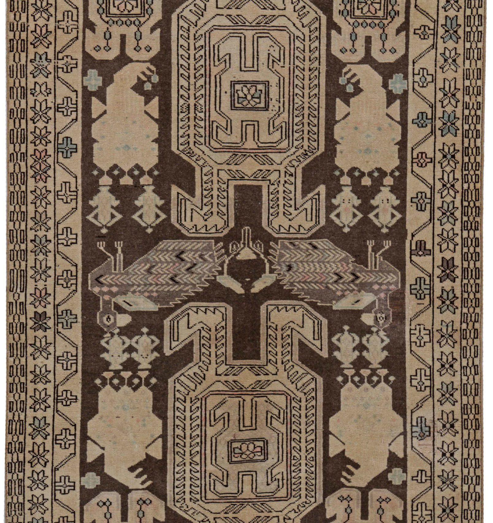 Persischer Aserbaidschan Läufer Teppich - Wolle Braun Elfenbein Design - 91480 (Asiatisch) im Angebot