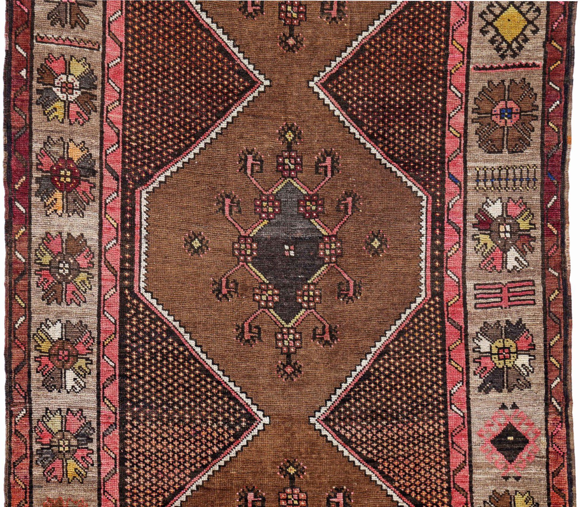 Persische Aserbaidschan Läufer Teppich - Wolle Braun Elfenbein Rosa Design - 91167 (Asiatisch) im Angebot