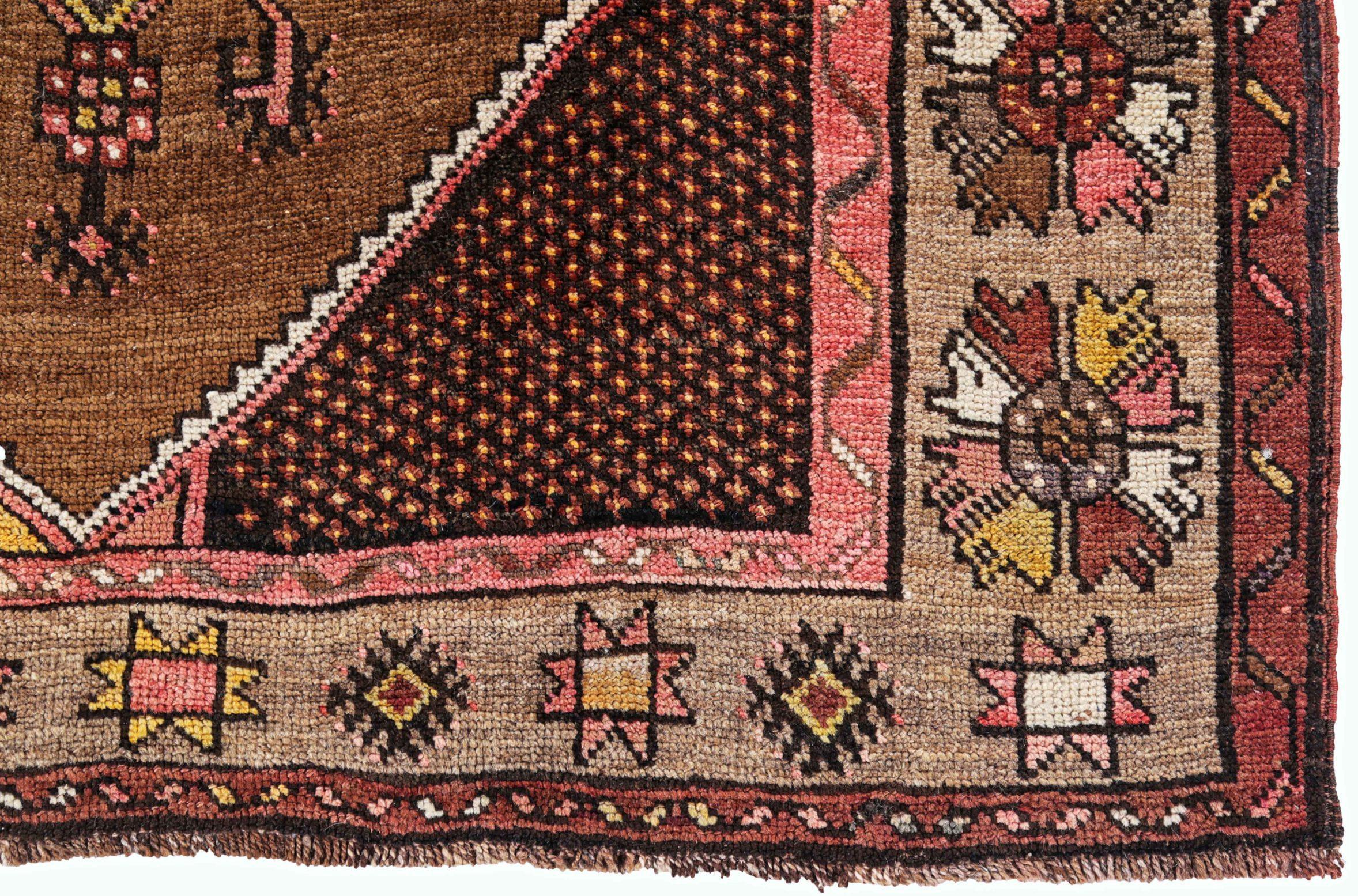 Persische Aserbaidschan Läufer Teppich - Wolle Braun Elfenbein Rosa Design - 91167 (20. Jahrhundert) im Angebot