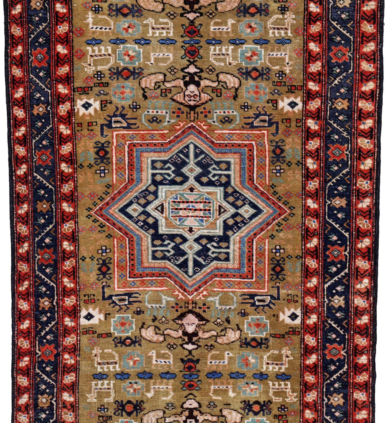 Persische Aserbaidschan Läufer Teppich - Wolle Marineblau Rot Gelb - 91516 (Asiatisch) im Angebot