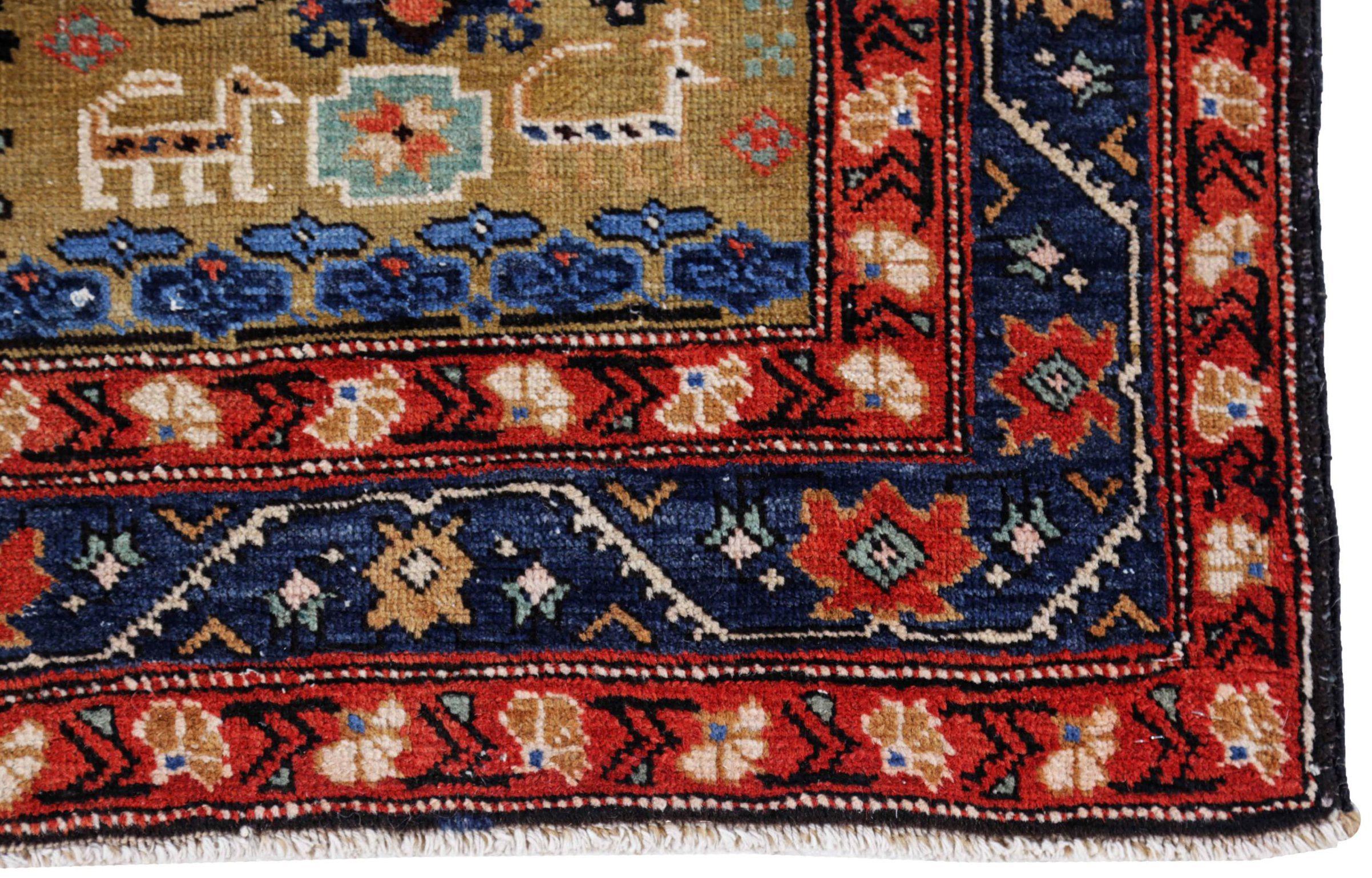 Persische Aserbaidschan Läufer Teppich - Wolle Marineblau Rot Gelb - 91516 (20. Jahrhundert) im Angebot
