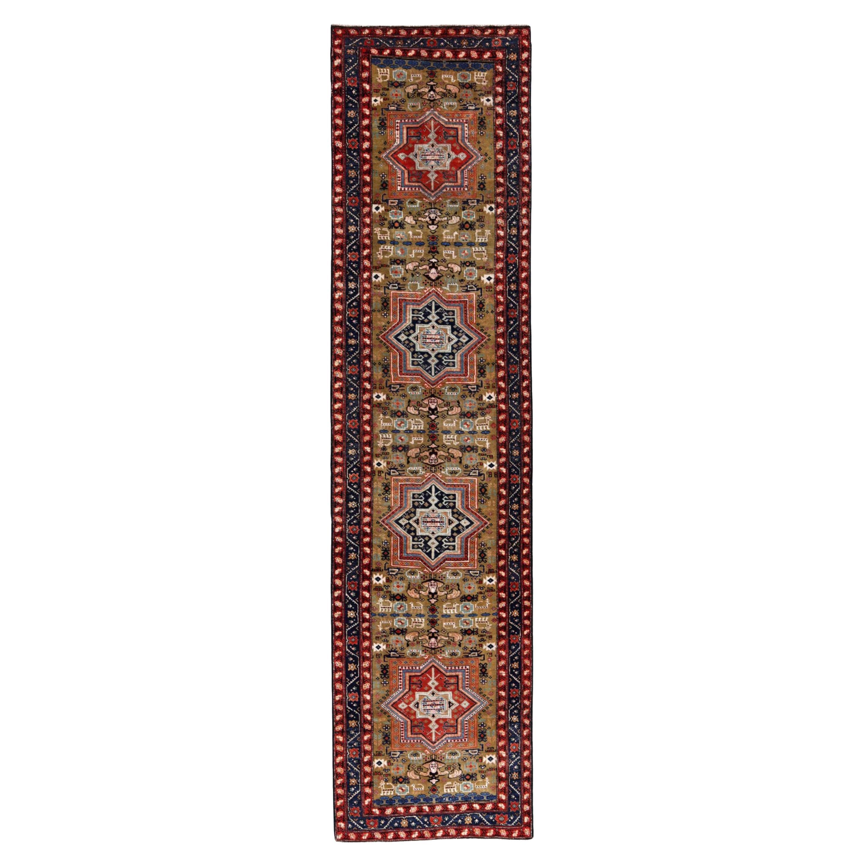 Persische Aserbaidschan Läufer Teppich - Wolle Marineblau Rot Gelb - 91516