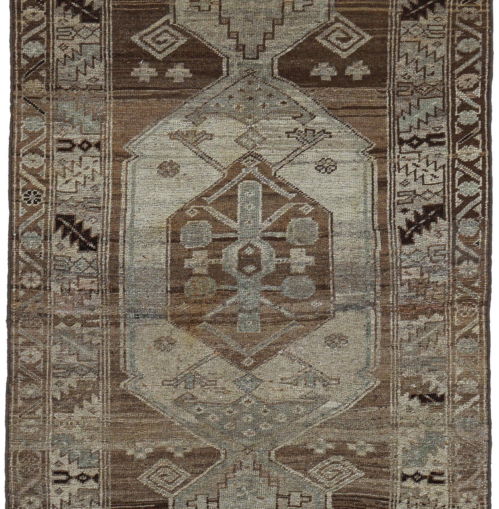 Persische Aserbaidschan Läufer Teppich CIRCA 1910 - Wolle Braun Elfenbein Design - 91176 (Asiatisch) im Angebot