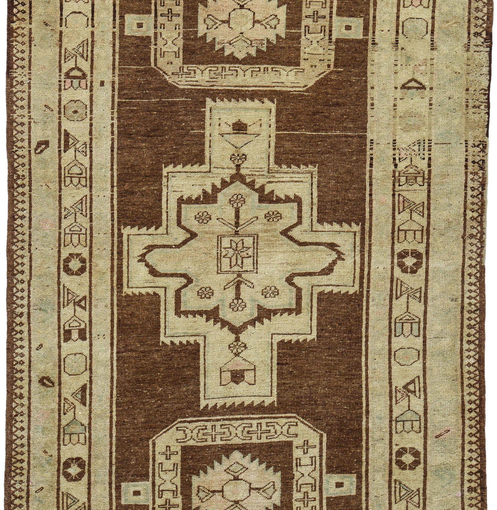 Persisch Aserbaidschan Läufer Teppich CIRCA 1910 - Wolle Braun Elfenbein Design - 91249 (Asiatisch) im Angebot