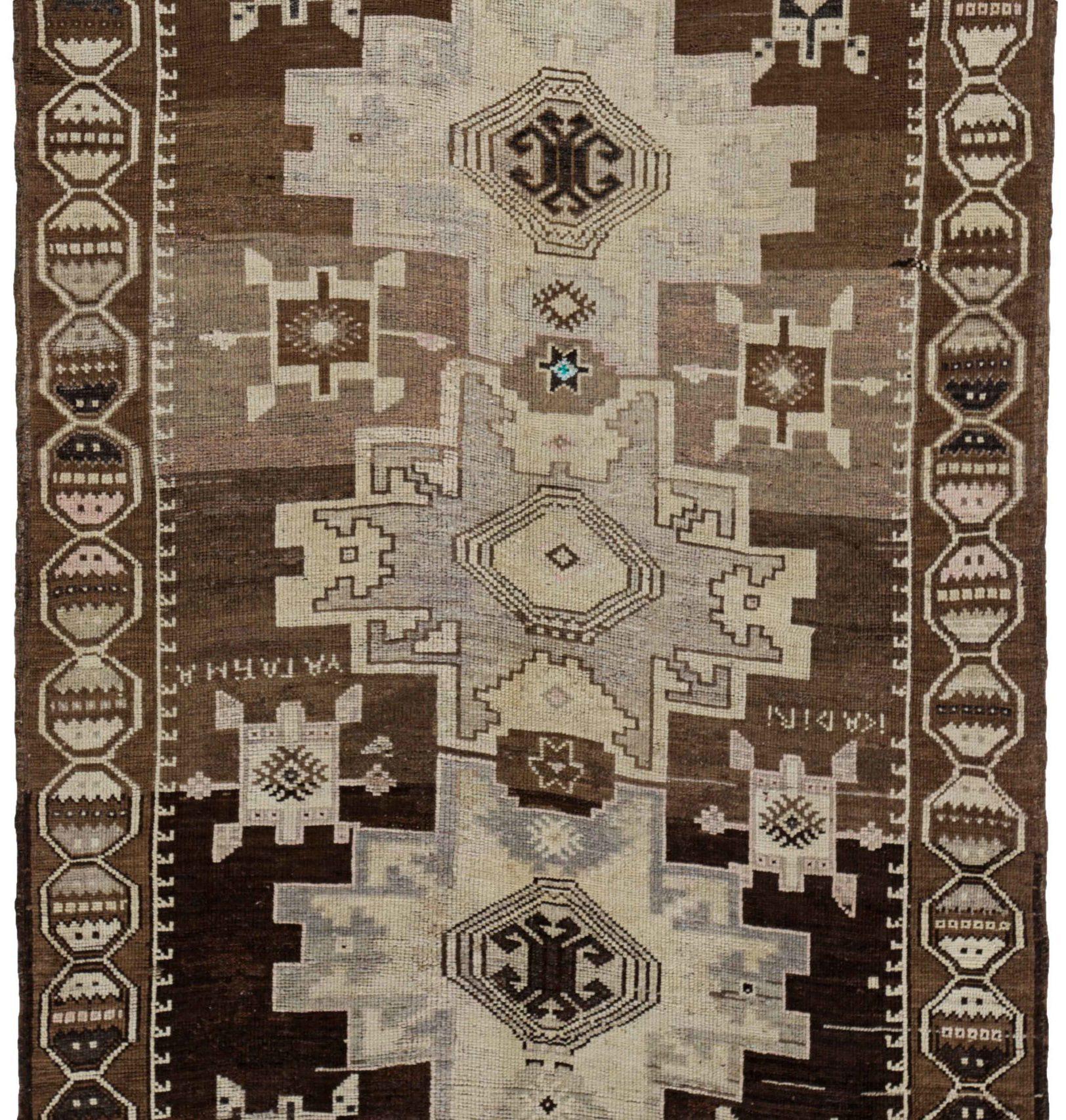 Persische Aserbaidschan Läufer Teppich Circa 1910 - Wolle Braun Elfenbein Design - 91282 (Asiatisch) im Angebot