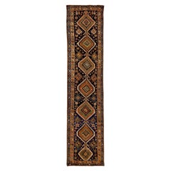 Persian Azerbaijan Runner Rug Circa 1910 - Wool Green Navy Blue Orange 72855