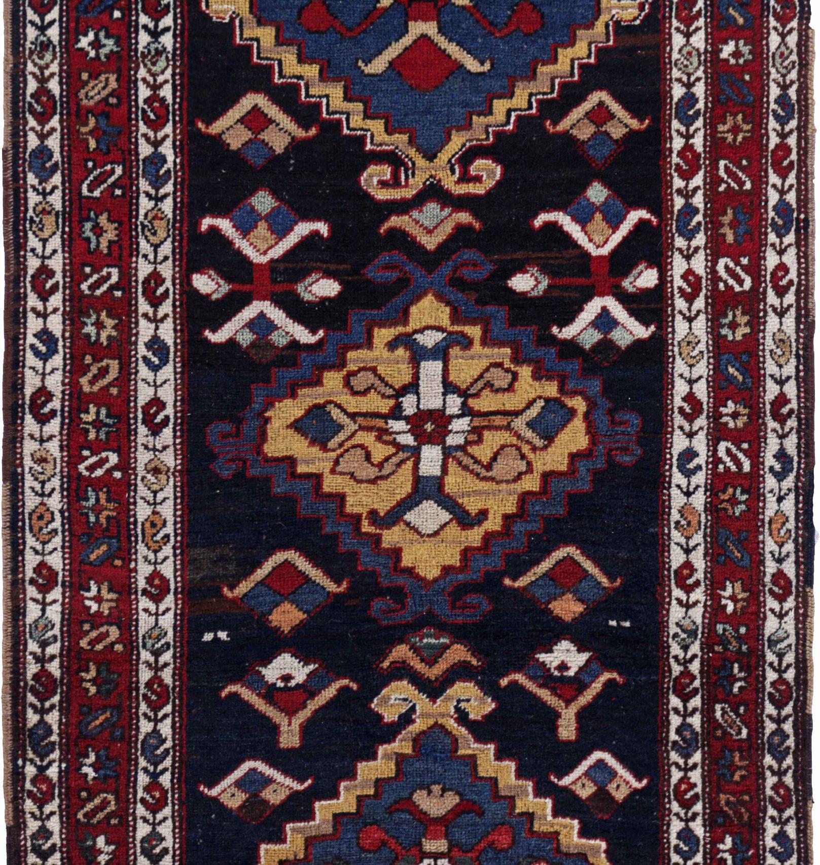 Persische Aserbaidschan Läufer Teppich Circa 1910 - Wolle Marineblau Rot Gelb - 91630 (Asiatisch) im Angebot