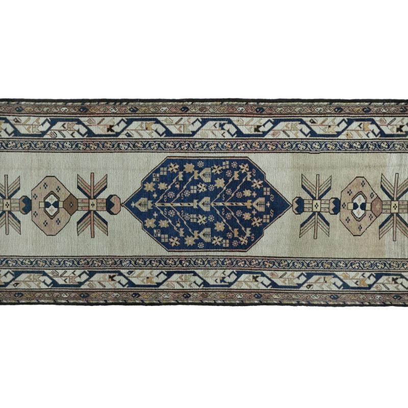 Persische Aserbaidschan Läufer Teppich - Wolle Blau Braun Elfenbein Design - 97903 (Irakisch) im Angebot