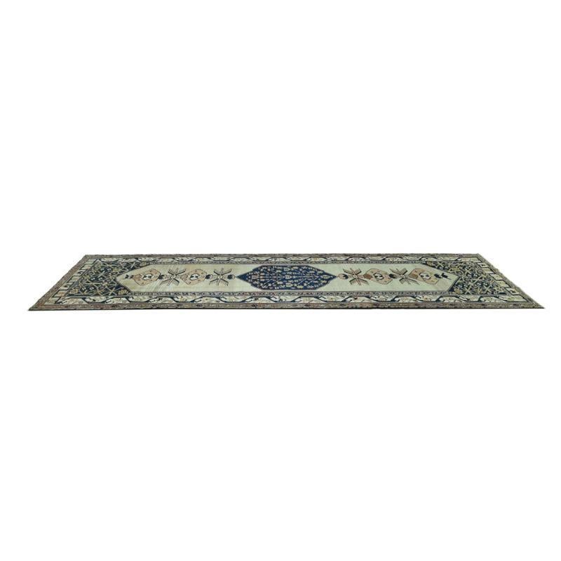 Persische Aserbaidschan Läufer Teppich - Wolle Blau Braun Elfenbein Design - 97903 im Zustand „Hervorragend“ im Angebot in Dallas, TX