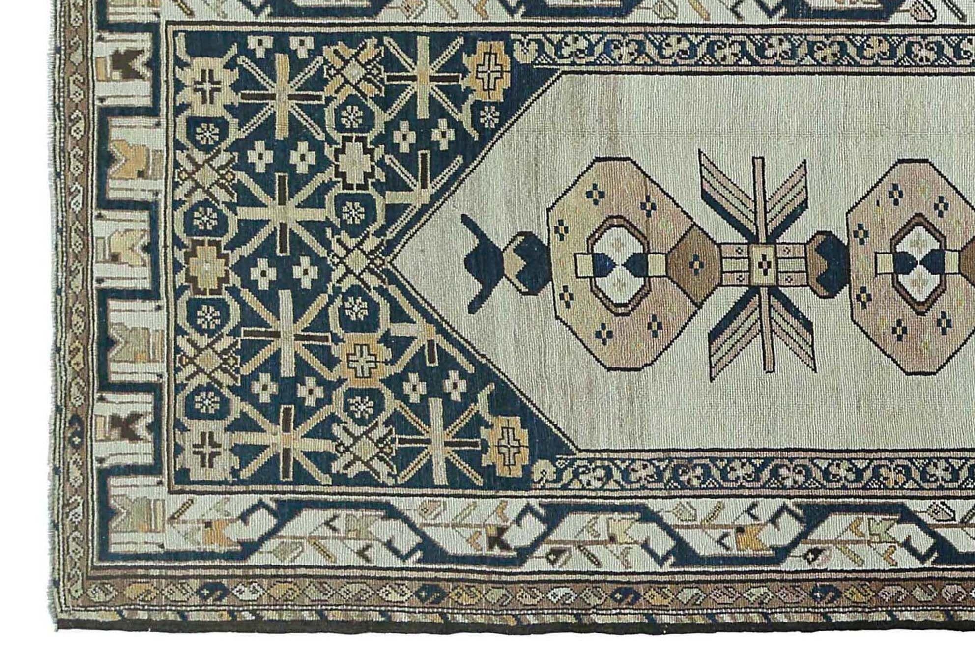 Persische Aserbaidschan Läufer Teppich - Wolle Blau Braun Elfenbein Design - 97903 (20. Jahrhundert) im Angebot