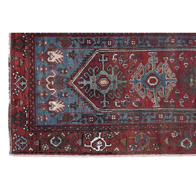 Persische Aserbaidschan Läufer Teppich - Wolle Blau Braun Elfenbein Rot - 97912 (Irakisch) im Angebot