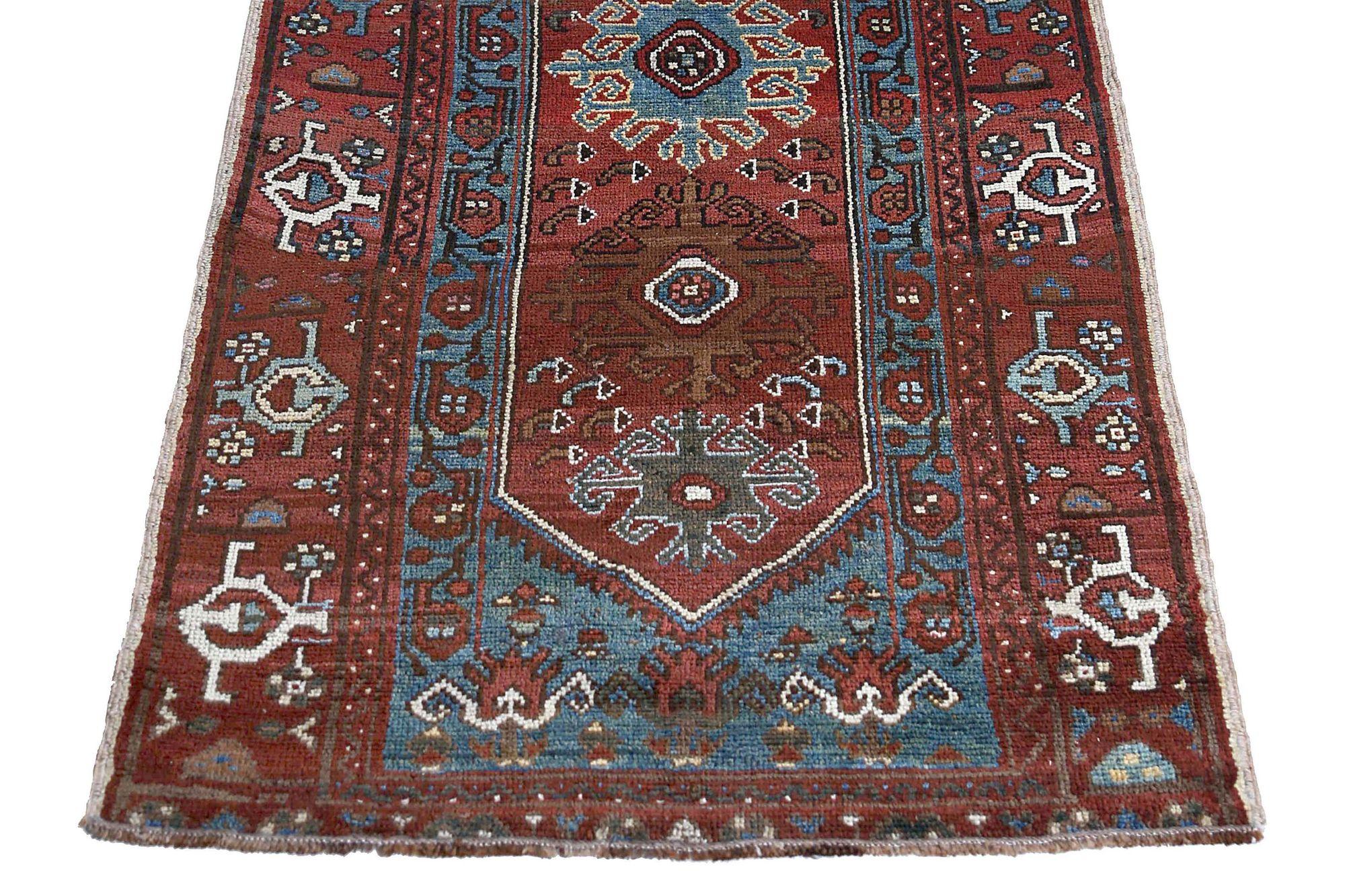 Persische Aserbaidschan Läufer Teppich - Wolle Blau Braun Elfenbein Rot - 97912 (20. Jahrhundert) im Angebot