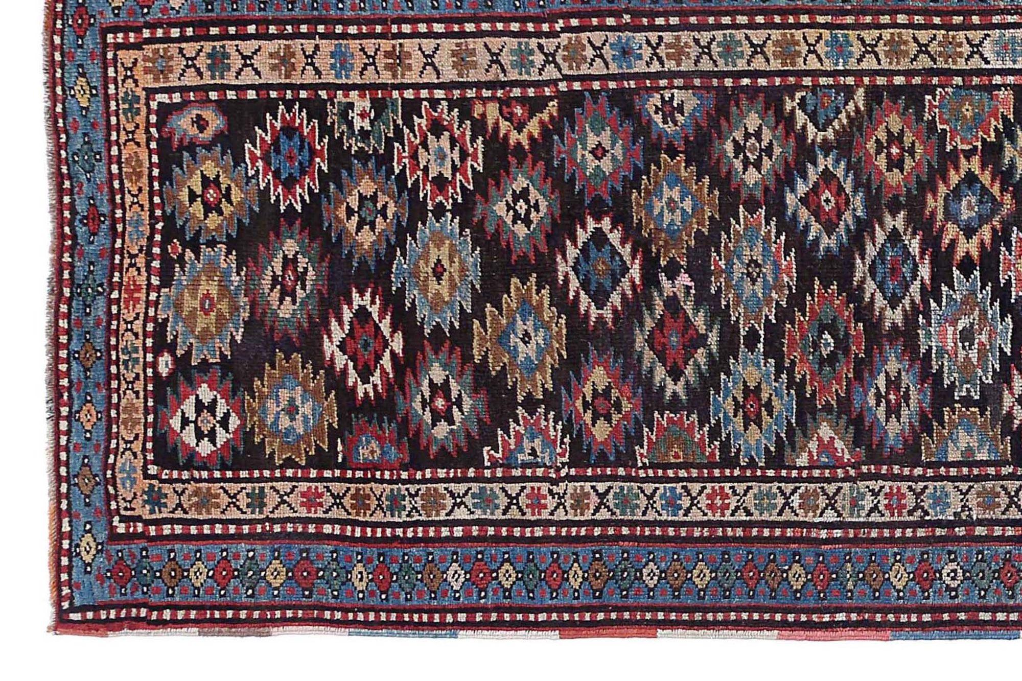 Persische Aserbaidschan Läufer Teppich - Wolle Blau Braun Elfenbein Rot - 97917 im Zustand „Hervorragend“ im Angebot in Dallas, TX