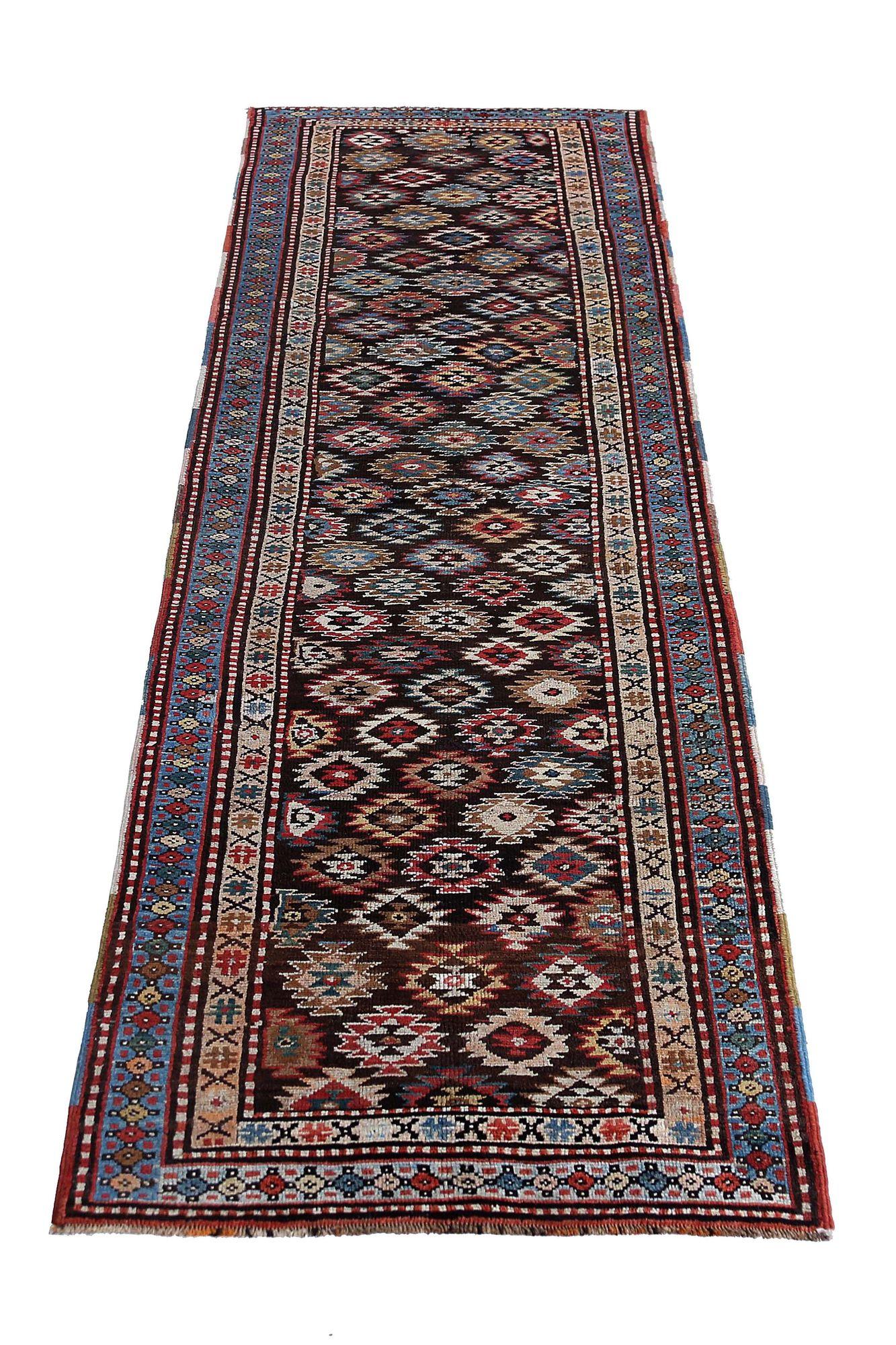 Persische Aserbaidschan Läufer Teppich - Wolle Blau Braun Elfenbein Rot - 97917 (20. Jahrhundert) im Angebot
