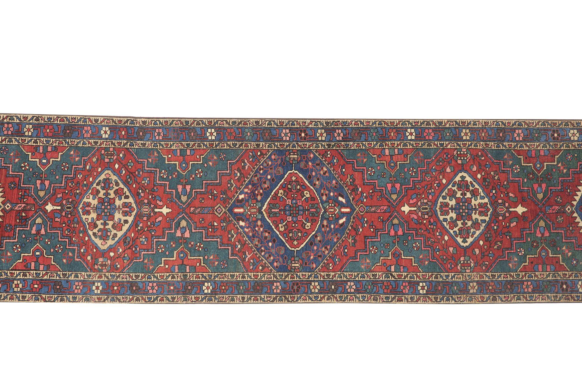 Persischer Aserbaidschan-Läufer - Wolle Blau Grün Rot Design - 97959 im Zustand „Hervorragend“ im Angebot in Dallas, TX