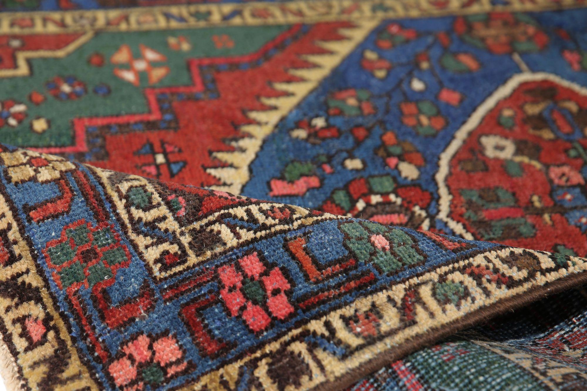 Persischer Aserbaidschan-Läufer - Wolle Blau Grün Rot Design - 97959 (20. Jahrhundert) im Angebot