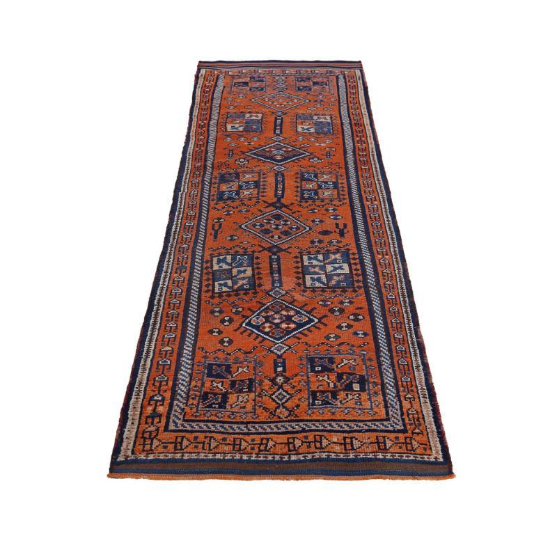 Persischer Aserbaidschan-Läufer - Wolle Blau Orange Design - 97898 (Irakisch) im Angebot