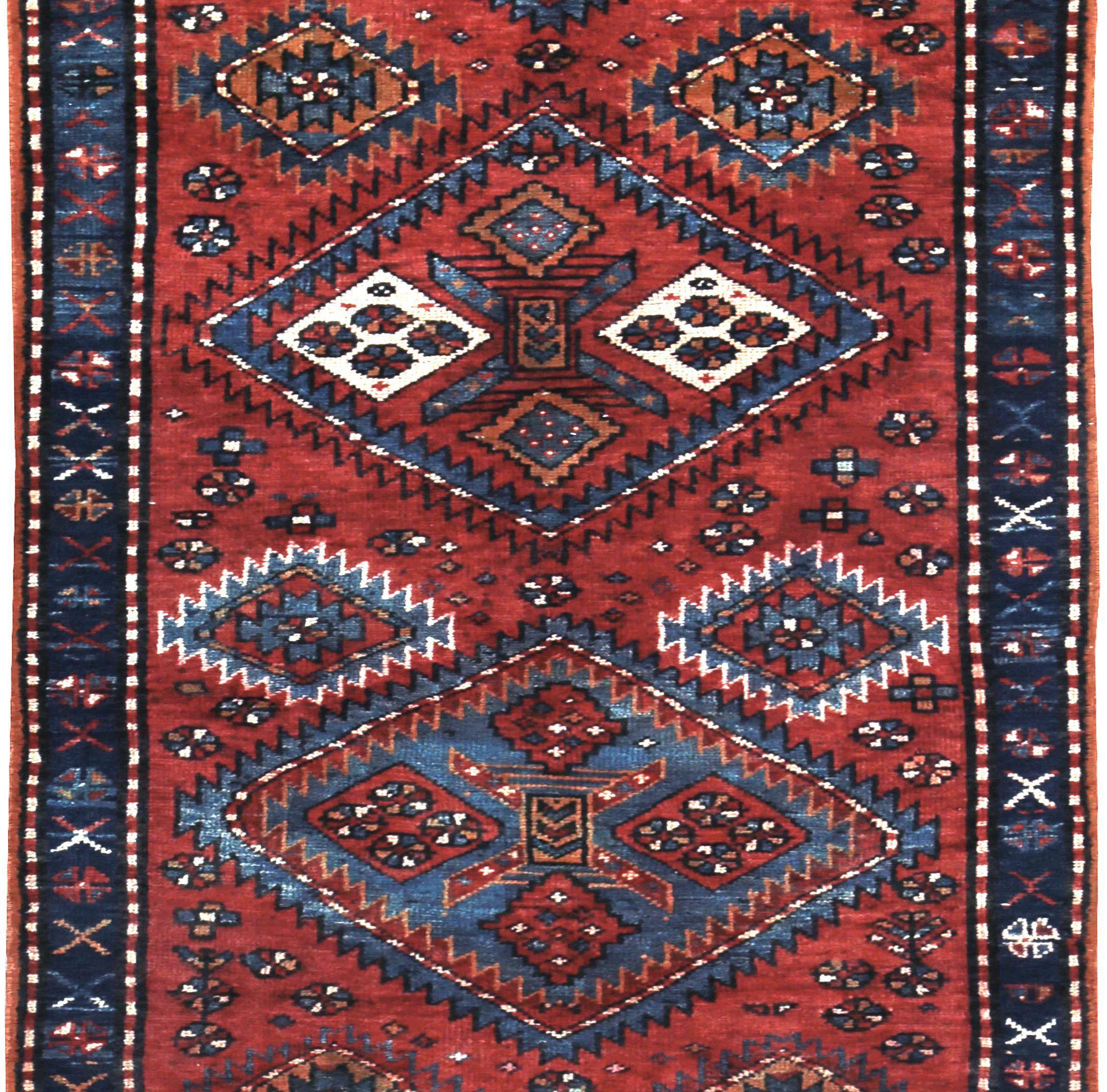 Persischer Aserbaidschan-Läufer - Wolle Blau Rot Design - 89644 (Irakisch) im Angebot