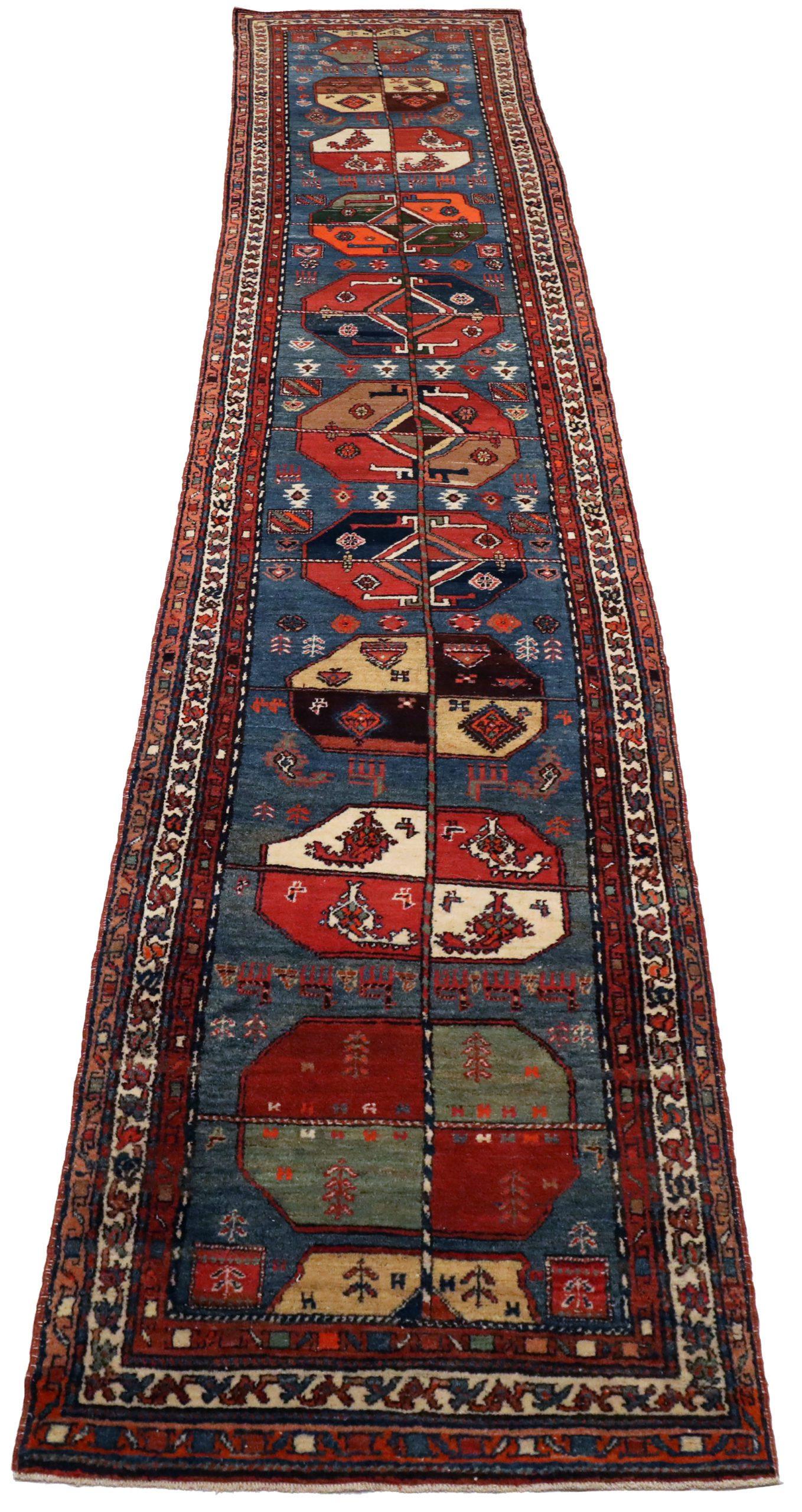 Persischer Aserbaidschan-Läufer - Wolle Blau Rot Design - 93642 (Irakisch) im Angebot
