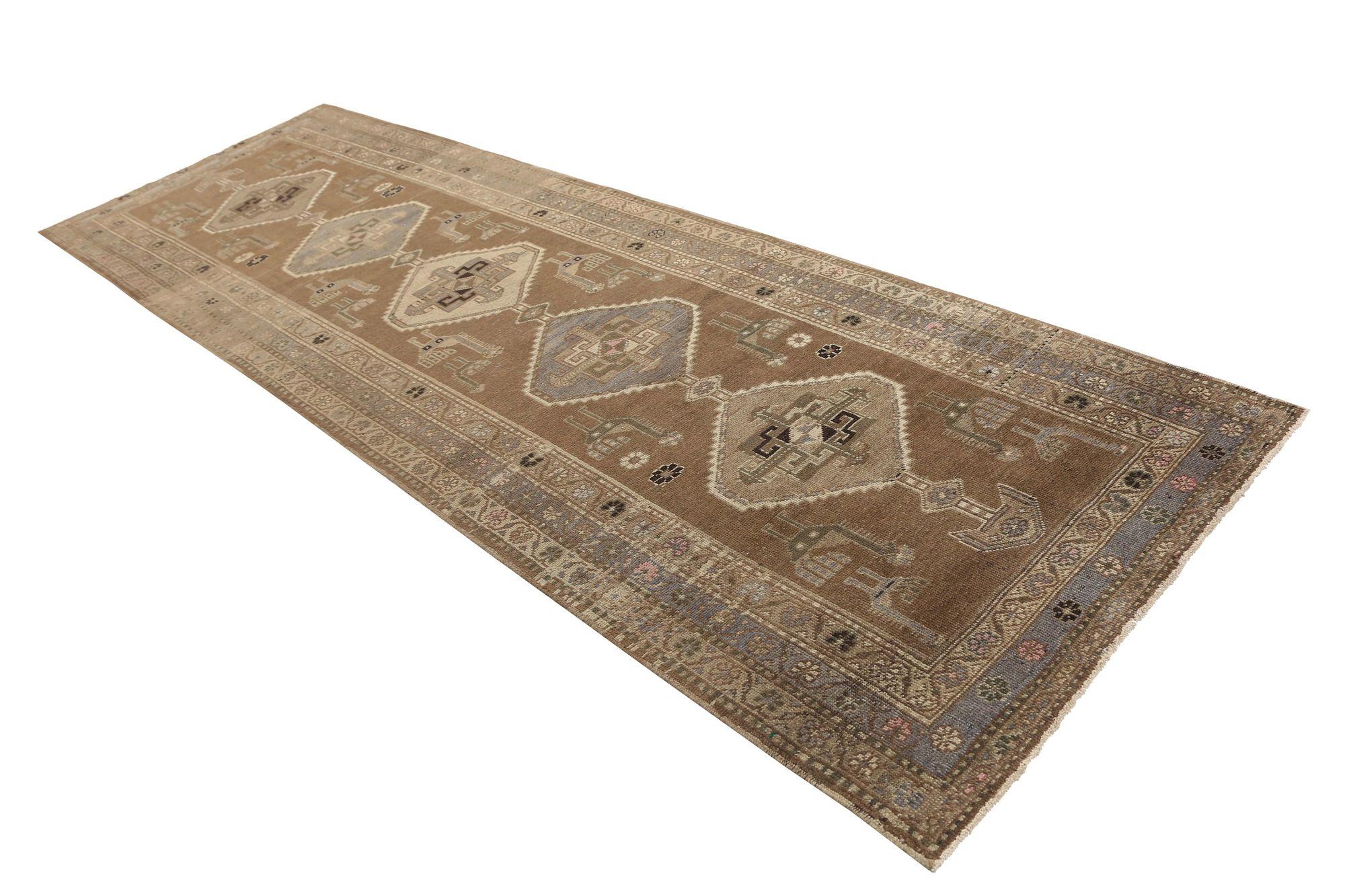 Persische Aserbaidschan Läufer Teppich - Wolle Brown Design - 97413 (20. Jahrhundert) im Angebot
