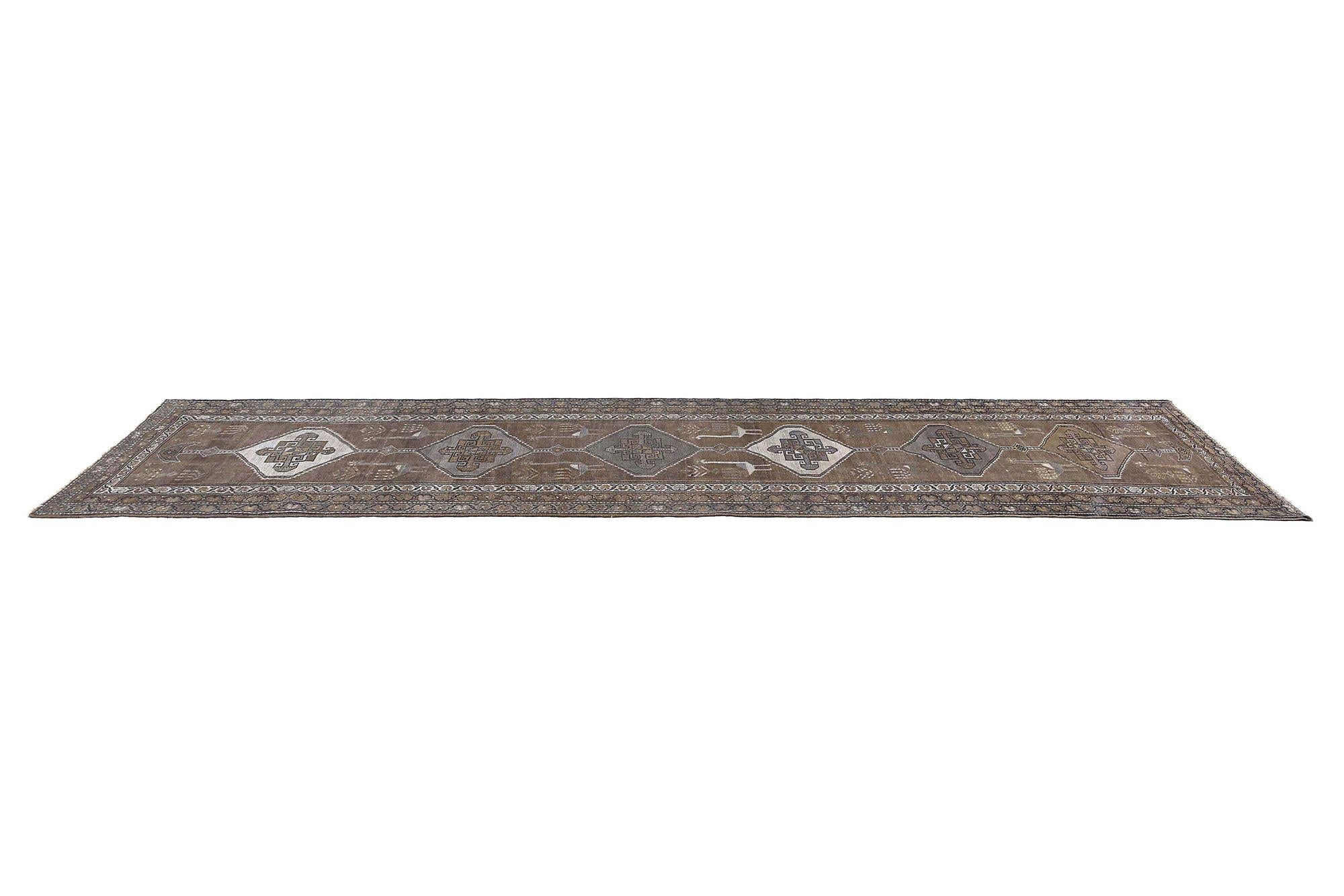 Persische Aserbaidschan Läufer Teppich - Wolle Brown Design - 97626 (20. Jahrhundert) im Angebot