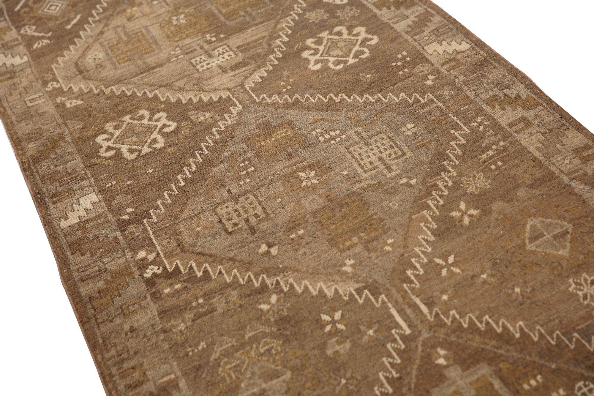 Iraqi Persian Azerbaijan Runner Rug - Wool Brown Design - 97723 For Sale