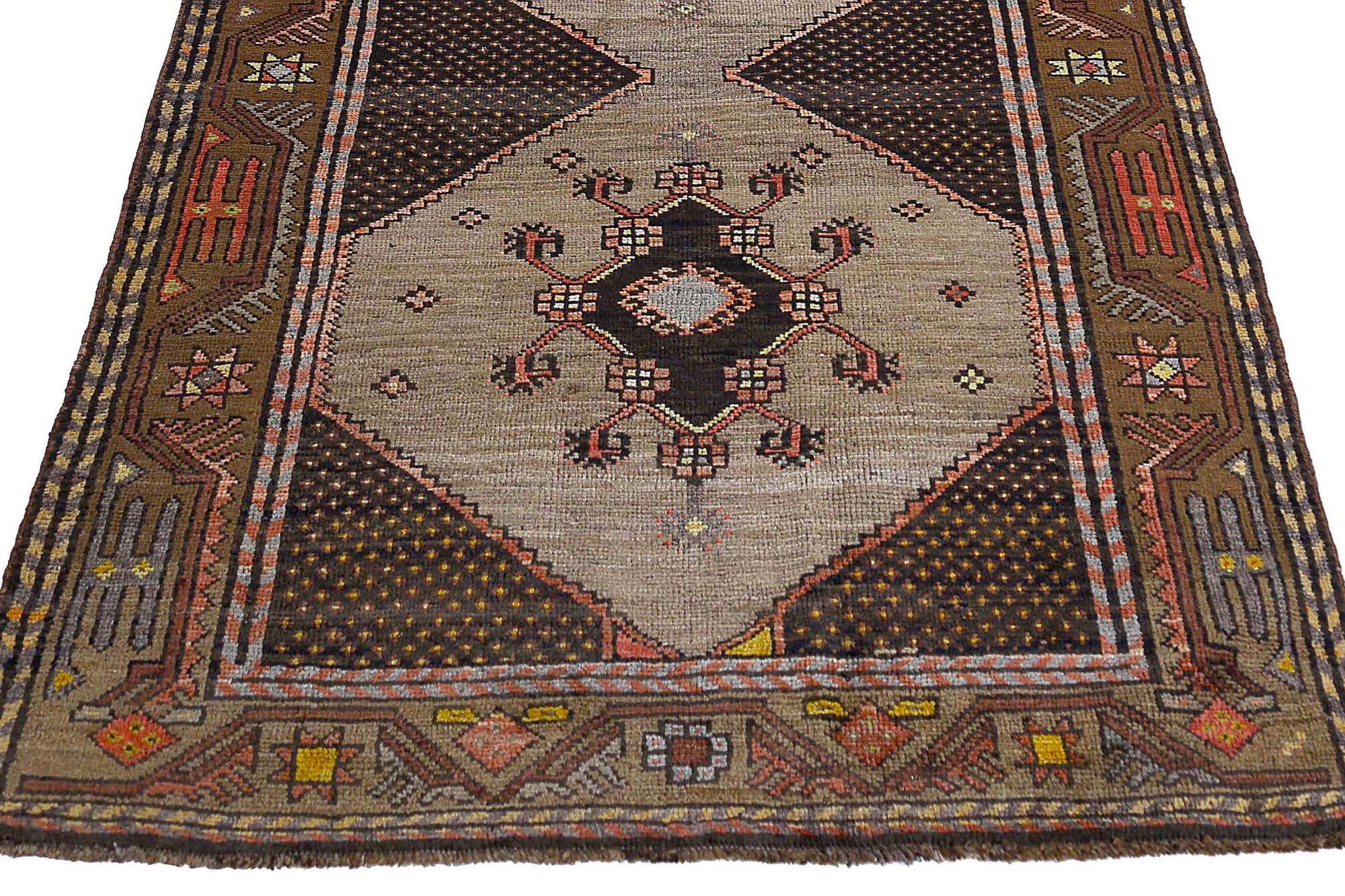 Persischer Aserbaidschan Läufer Teppich - Wolle Braun Elfenbein Design - 97158 im Zustand „Hervorragend“ im Angebot in Dallas, TX