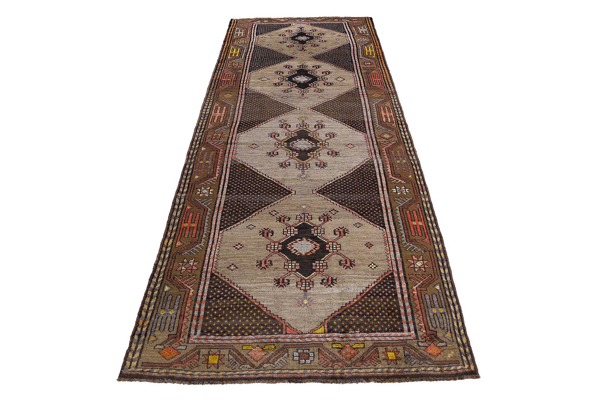 Persischer Aserbaidschan Läufer Teppich - Wolle Braun Elfenbein Design - 97158 (20. Jahrhundert) im Angebot
