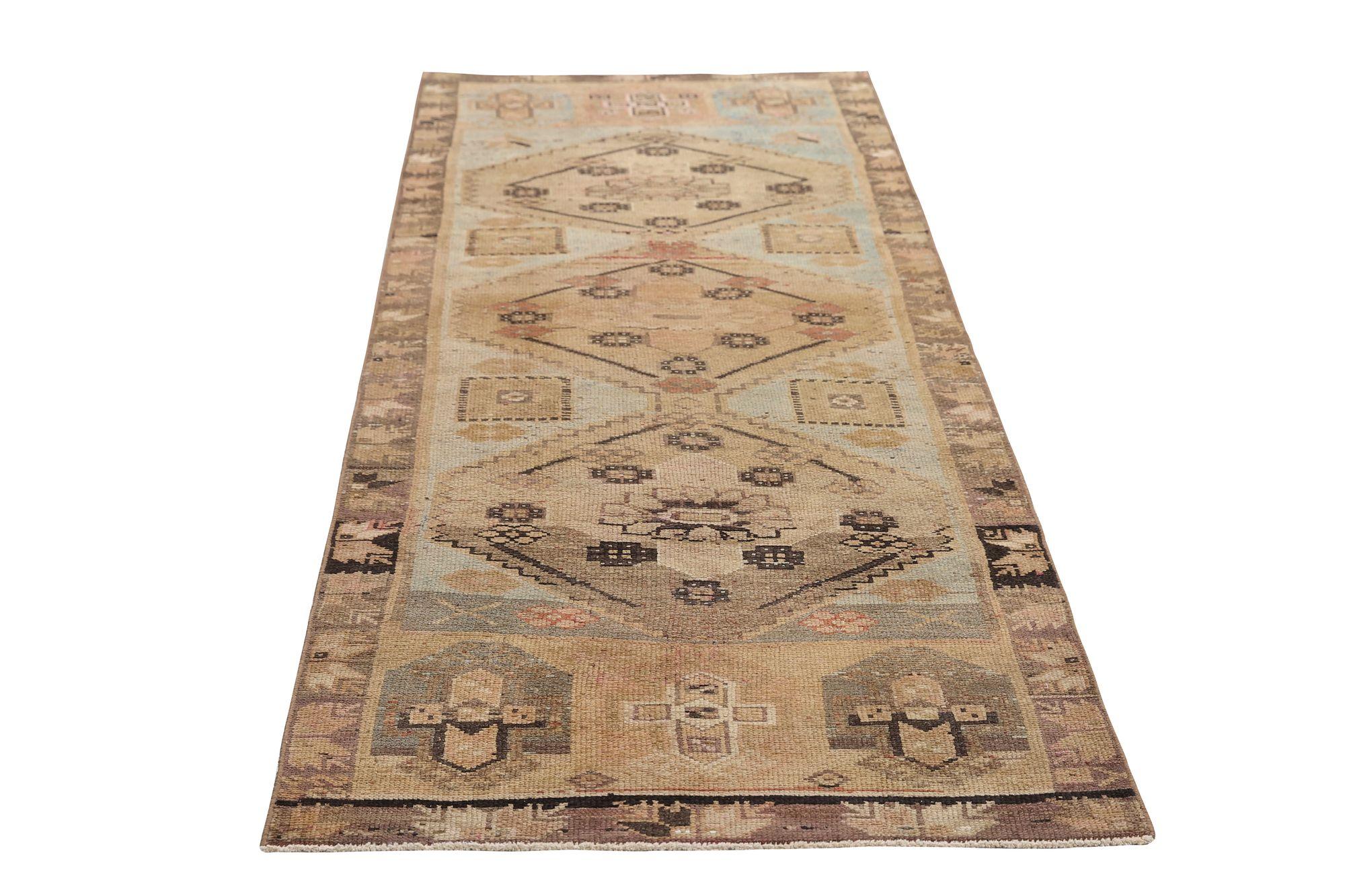 Persische Aserbaidschan Läufer Teppich - Wolle Braun Elfenbein Hellblau - 96951 (20. Jahrhundert) im Angebot