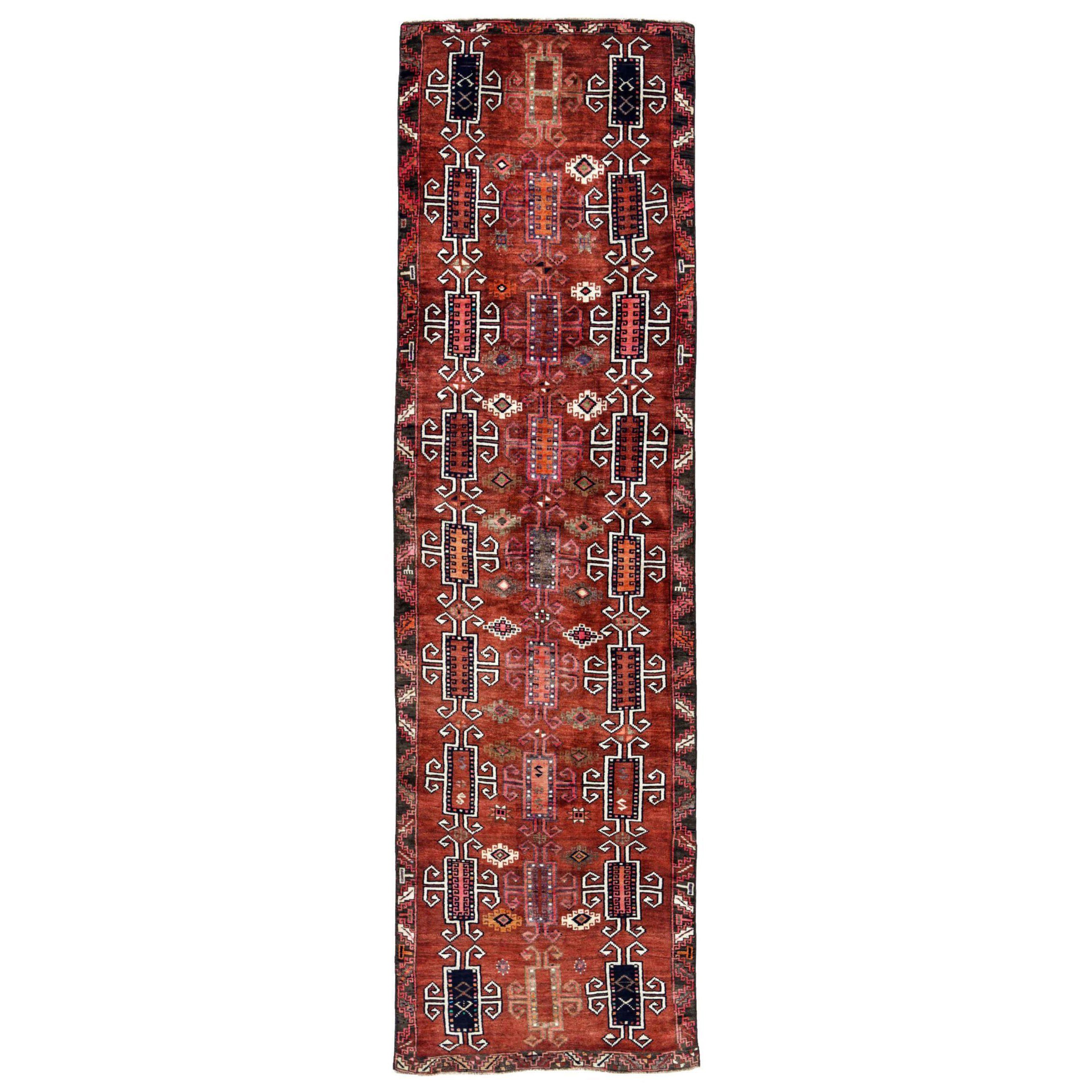 Persische Aserbaidschan Läufer Teppich - Wolle Braun Elfenbein Orange Rot - 91220