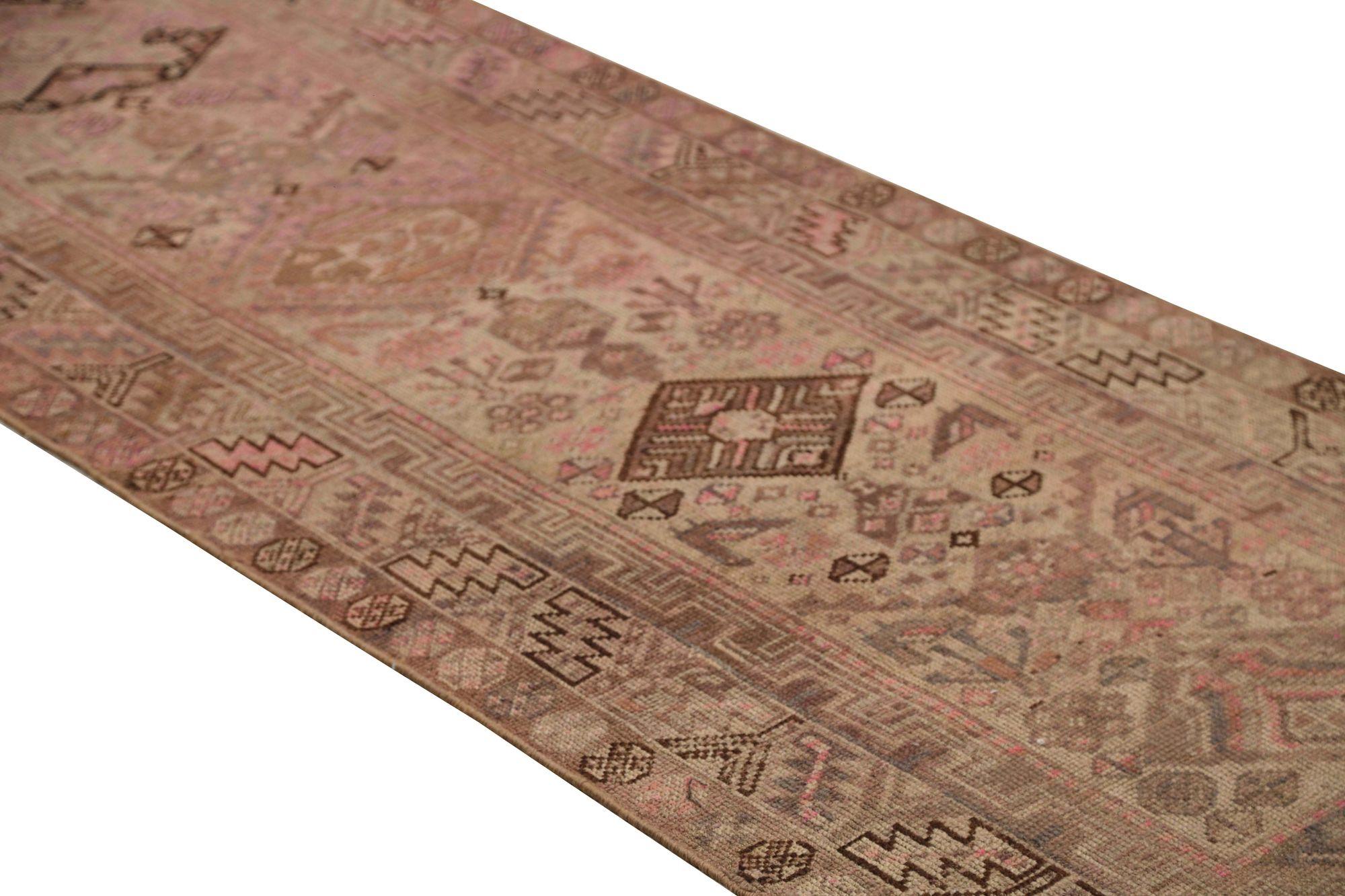 Persische Aserbaidschan Läufer Teppich - Wolle Braun Elfenbein Rosa Design - 97980 (Irakisch) im Angebot
