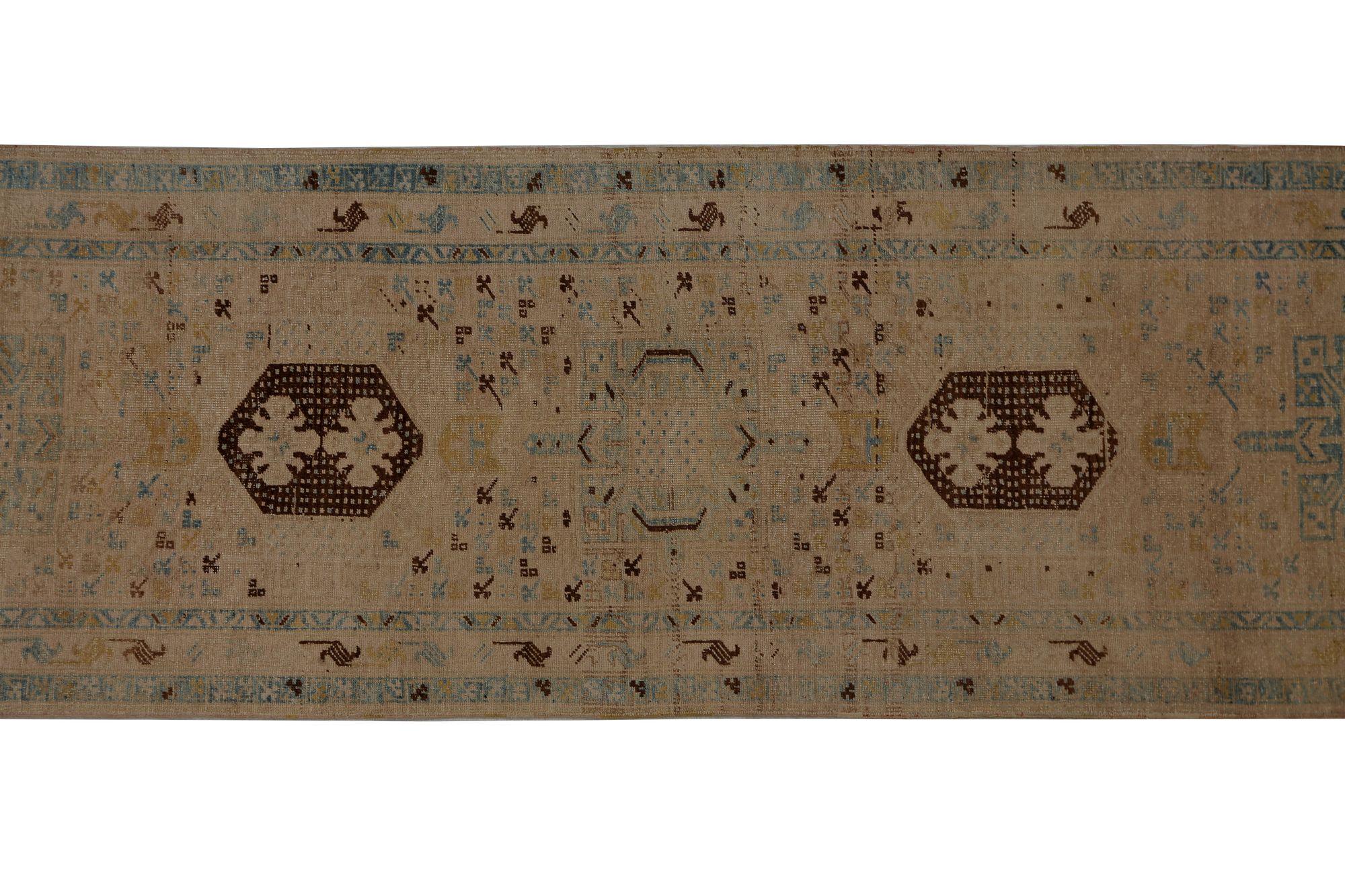 Persischer Aserbaidschan Läufer Teppich - Wolle Braun Hellblau Taupe - 97804 im Zustand „Hervorragend“ im Angebot in Dallas, TX