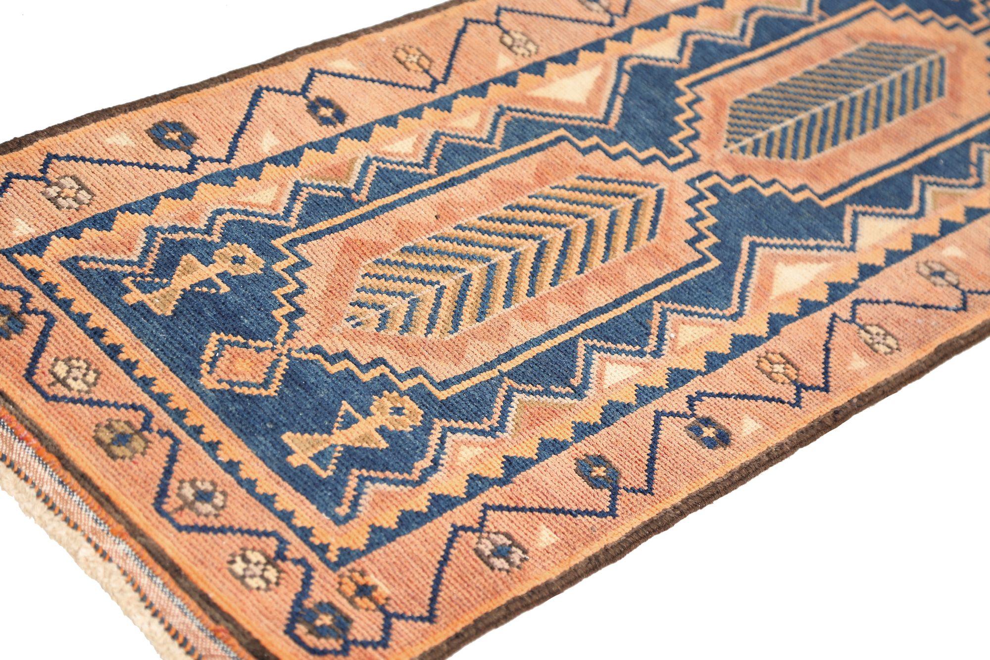 Persische Aserbaidschan Läufer Teppich - Wolle Braun Marineblau Rosa - 97080 (Irakisch) im Angebot