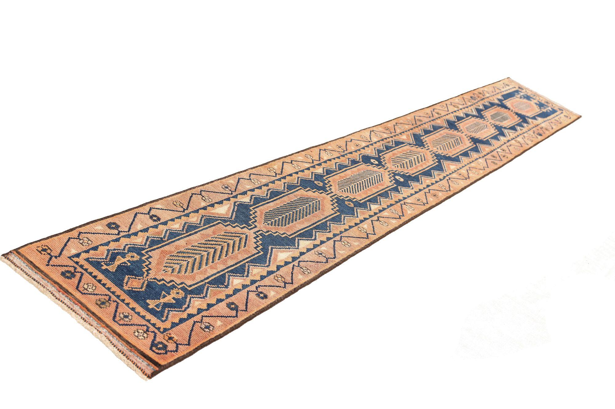 Persische Aserbaidschan Läufer Teppich - Wolle Braun Marineblau Rosa - 97080 (20. Jahrhundert) im Angebot