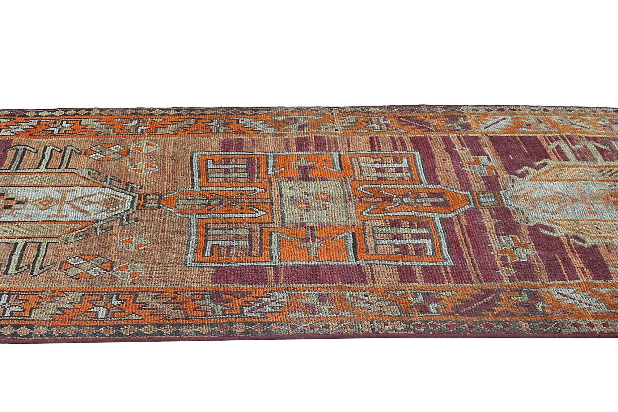 Persischer Aserbaidschan Läufer Teppich - Wolle Braun Orange Purpel - 96660 im Zustand „Hervorragend“ im Angebot in Dallas, TX