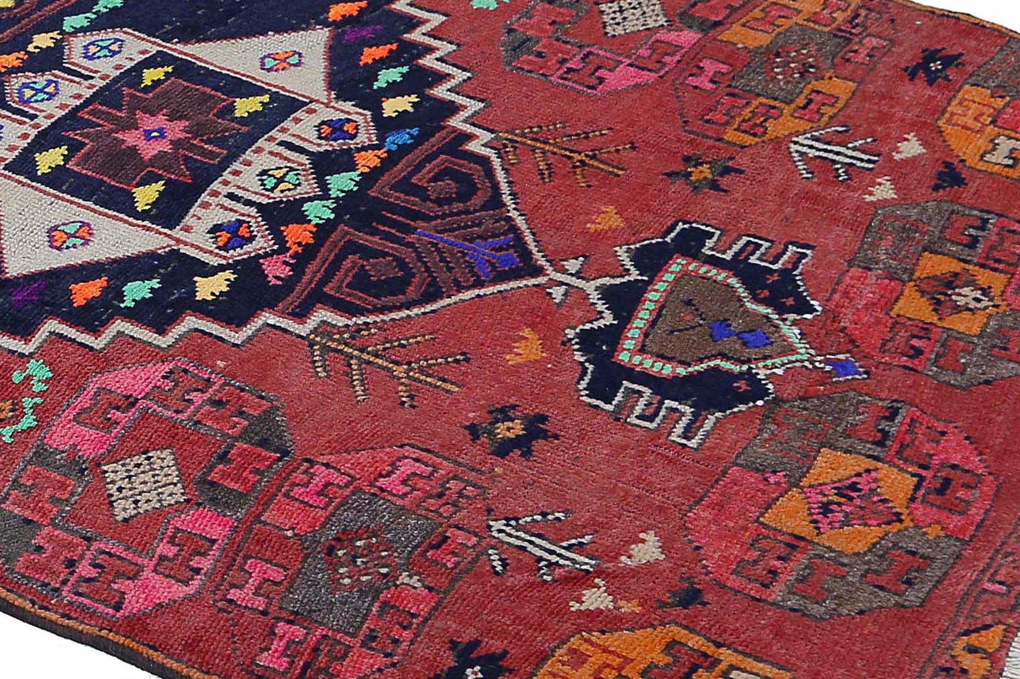 Persischer Aserbaidschan Läufer Teppich - Wolle Braun Rot Design - 98033 (20. Jahrhundert) im Angebot