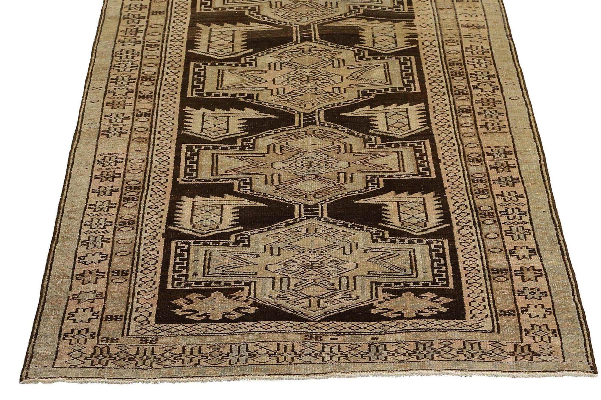 Persischer Aserbaidschan Läufer Teppich - Wolle Braun Taupe Design - 96686 (20. Jahrhundert) im Angebot